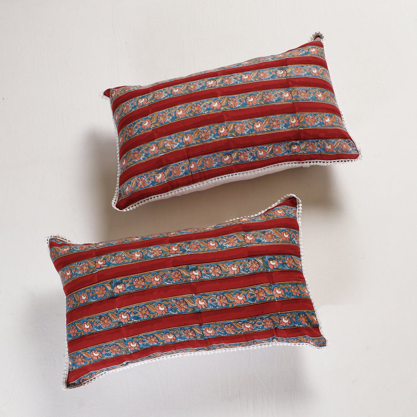 BuySanganeri Block Printed Cotton Pillow Cover With Lace (26 x 16 in) - Set of 2