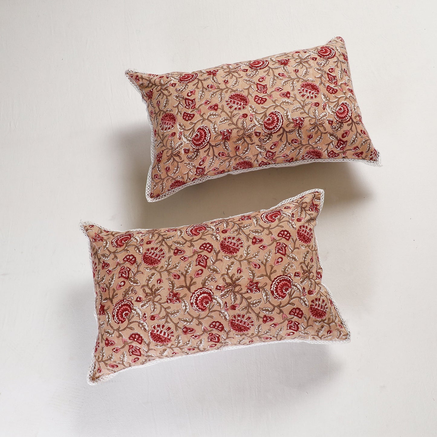 Sanganeri Block Printed Cotton Pillow Cover with Lace (26 x 16 in) - Set of 2