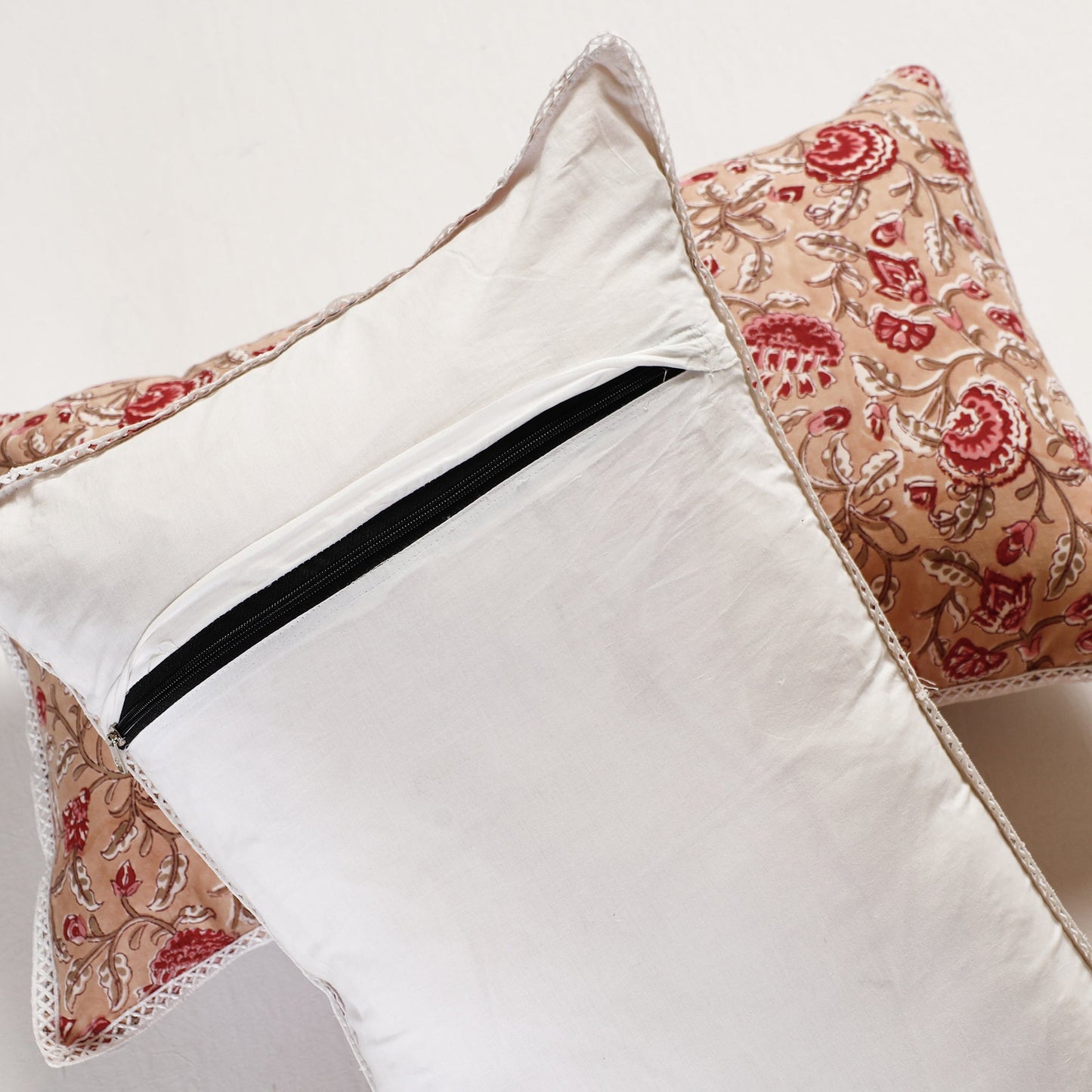 Sanganeri Block Printed Cotton Pillow Cover with Lace (26 x 16 in) - Set of 2