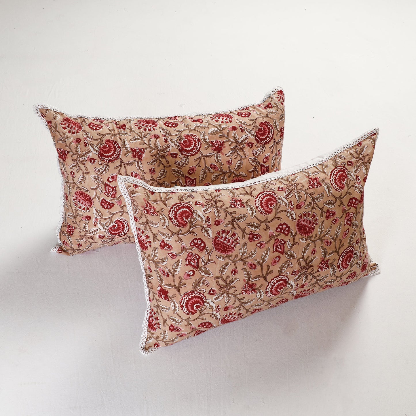 Sanganeri Block Printed Cotton Pillow Cover with Lace (26 x 16 in) - Set of 2