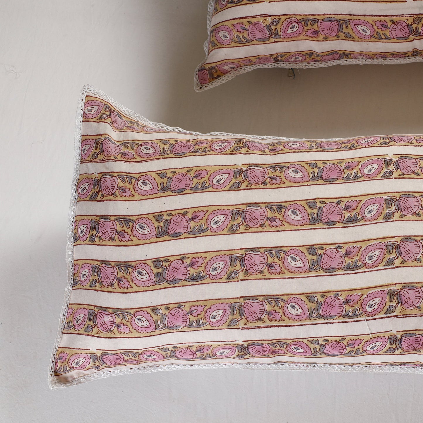 Sanganeri Block Printed Cotton Pillow Cover with Lace (26 x 16 in) - Set of 2