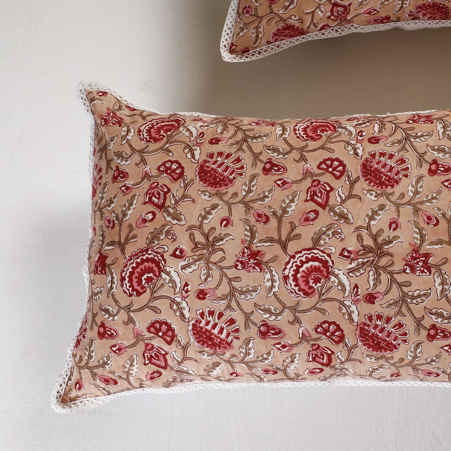 Sanganeri Block Printed Cotton Pillow Cover with Lace (26 x 16 in) - Set of 2