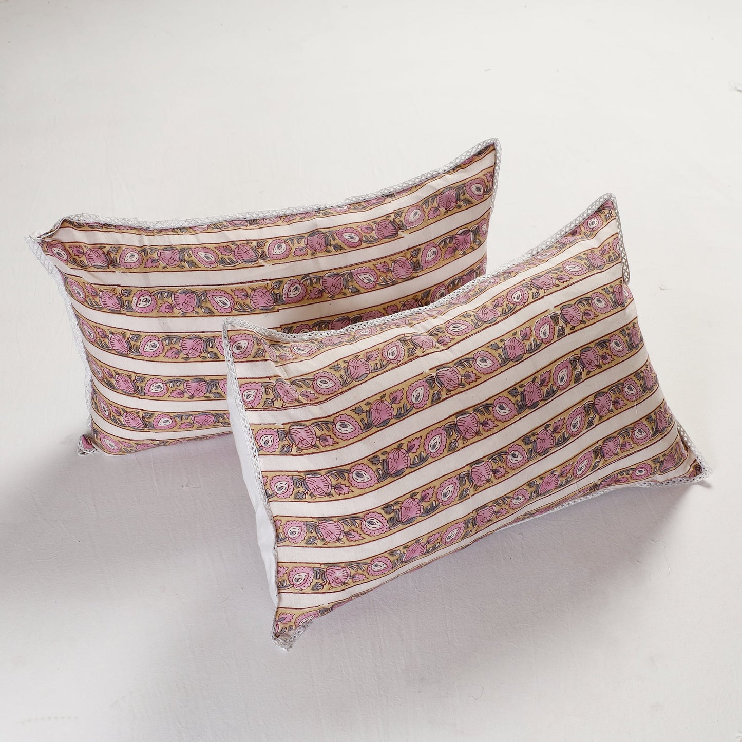 Sanganeri Block Printed Cotton Pillow Cover with Lace (26 x 16 in) - Set of 2