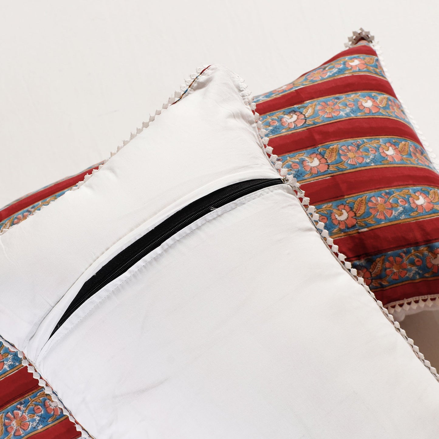 BuySanganeri Block Printed Cotton Pillow Cover With Lace (26 x 16 in) - Set of 2