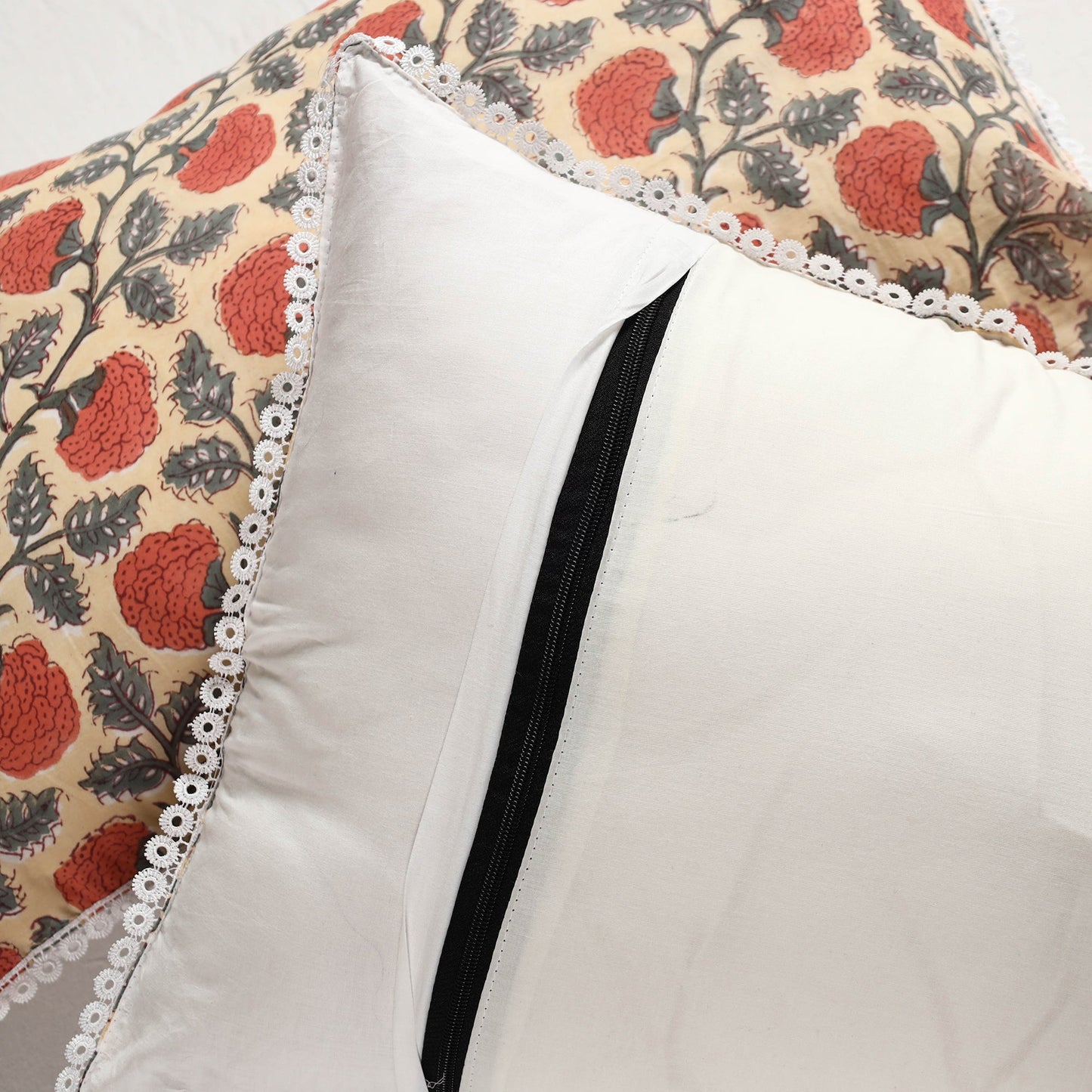 Sanganeri Block Printed Cotton Pillow Cover with Lace (28 x 18 in) - Set of 2