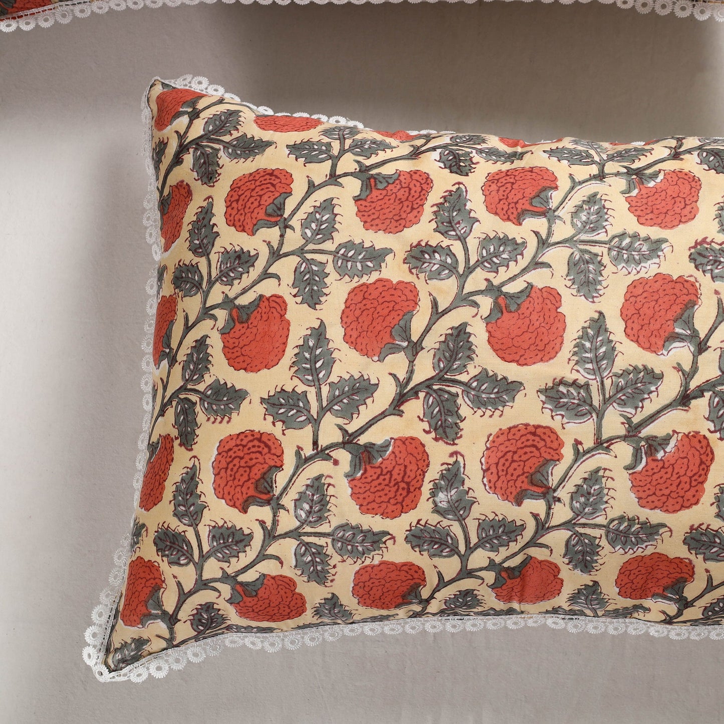 Sanganeri Block Printed Cotton Pillow Cover with Lace (28 x 18 in) - Set of 2