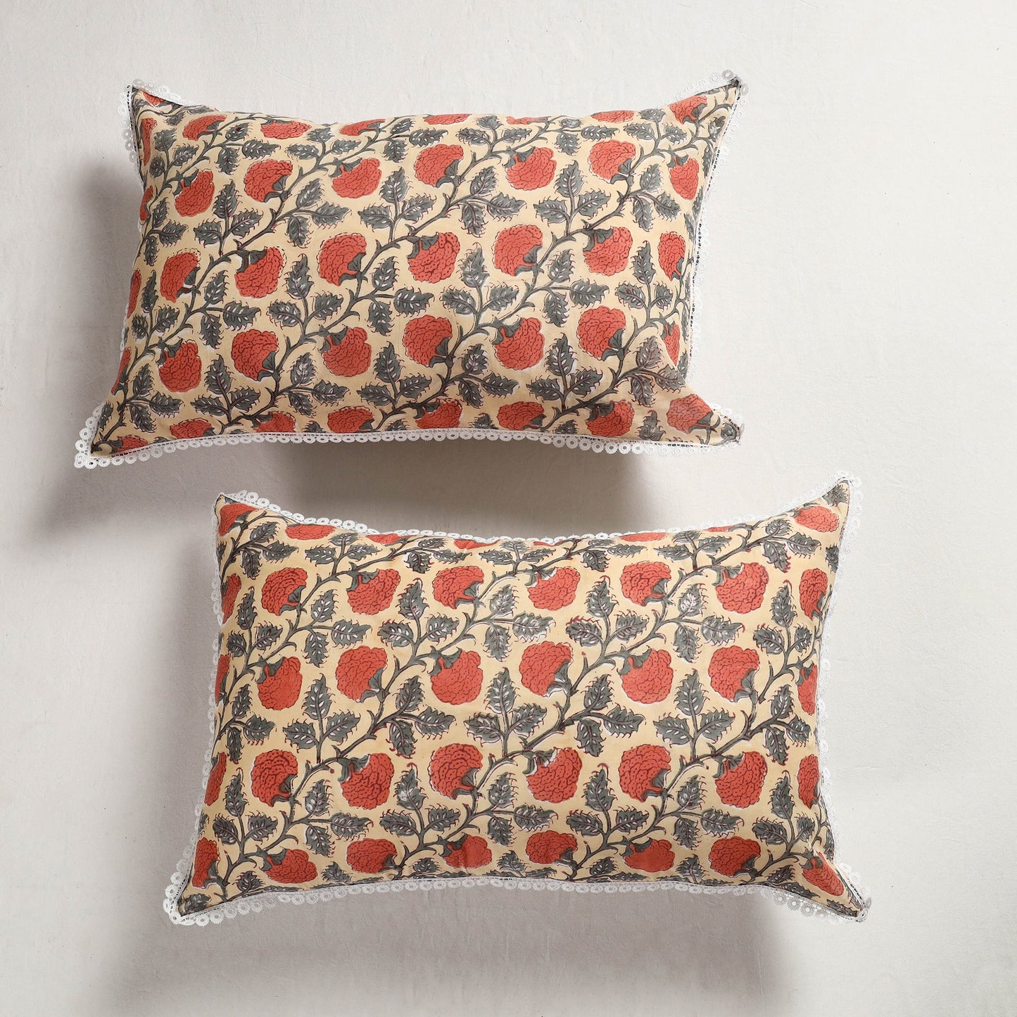 Sanganeri Block Printed Cotton Pillow Cover with Lace (28 x 18 in) - Set of 2