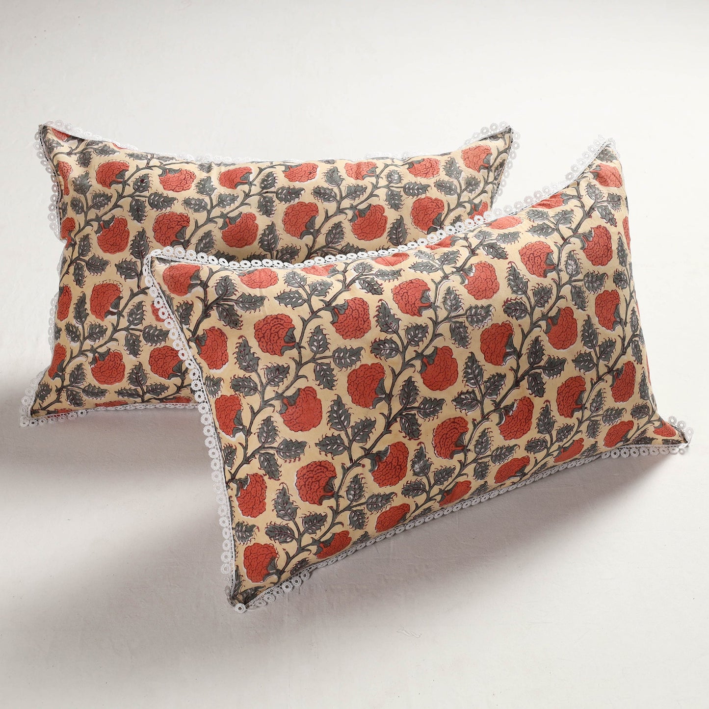 Sanganeri Block Printed Cotton Pillow Cover with Lace (28 x 18 in) - Set of 2