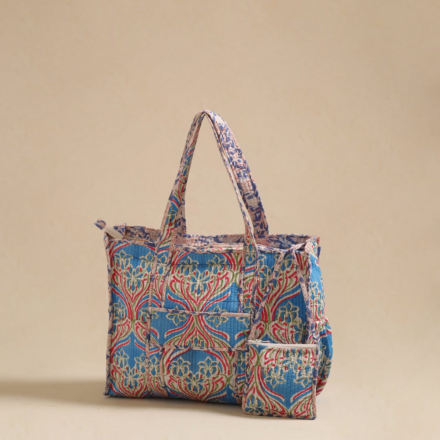 Buy Blue Sanganeri Print Quilted Cotton Tote Bag