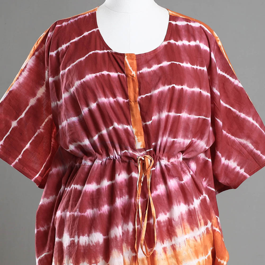 Multicolor - Shibori Tie-Dye Cotton Kaftan with Tie-Up Waist (Medium)