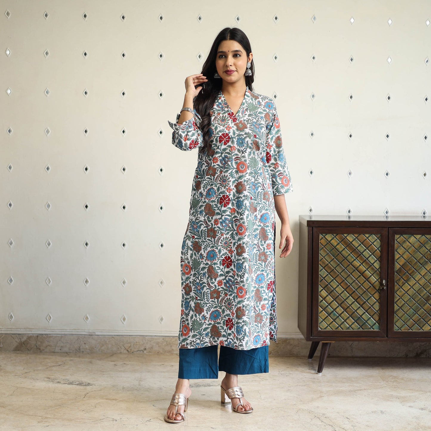 Multicolor Straight Cotton Block Print Sanganeri Kurta