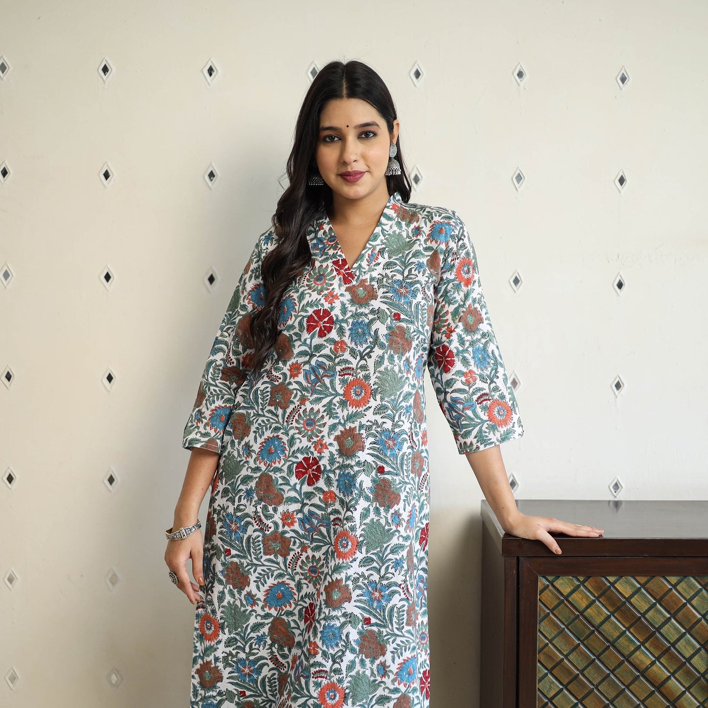Multicolor Straight Cotton Block Print Sanganeri Kurta