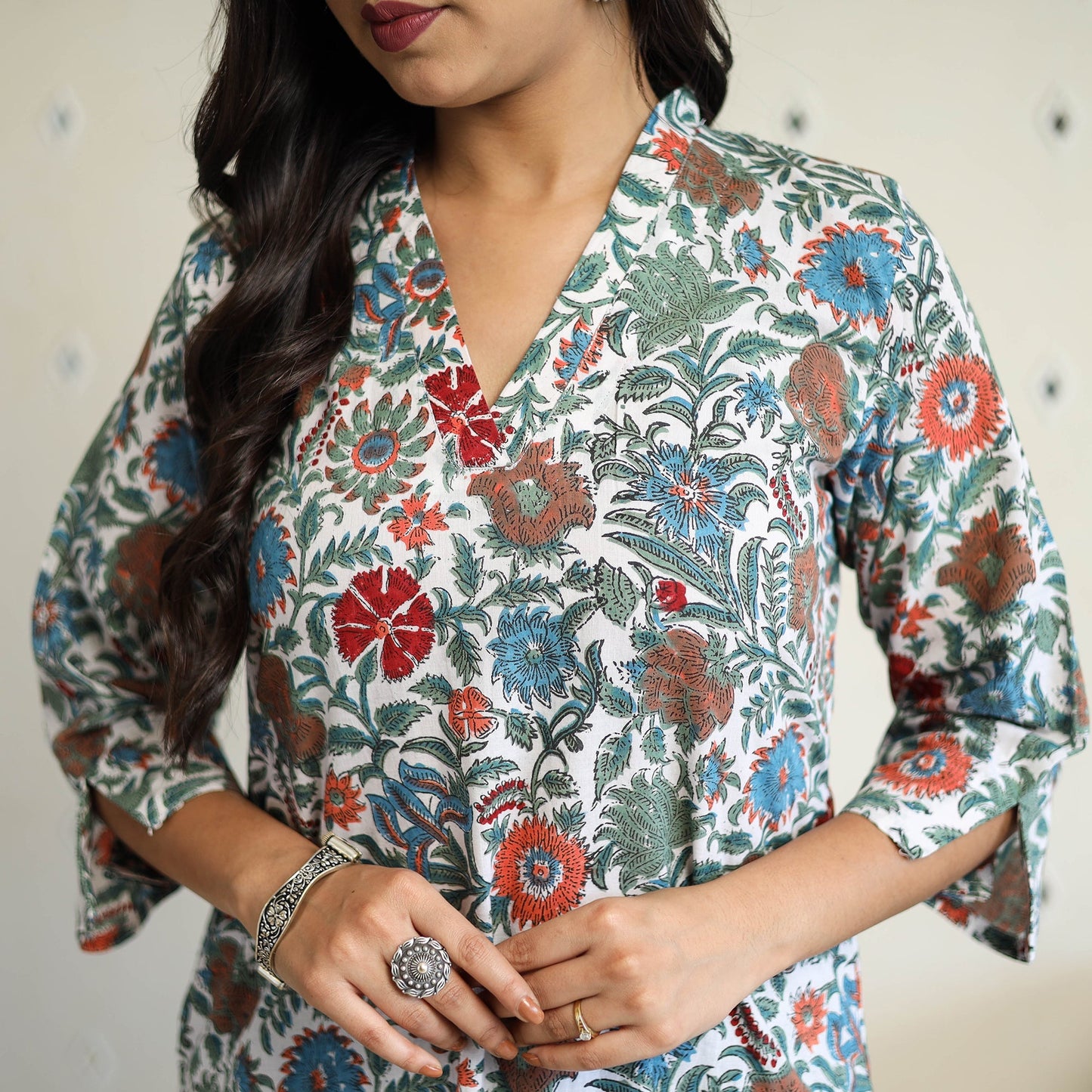 Multicolor Straight Cotton Block Print Sanganeri Kurta