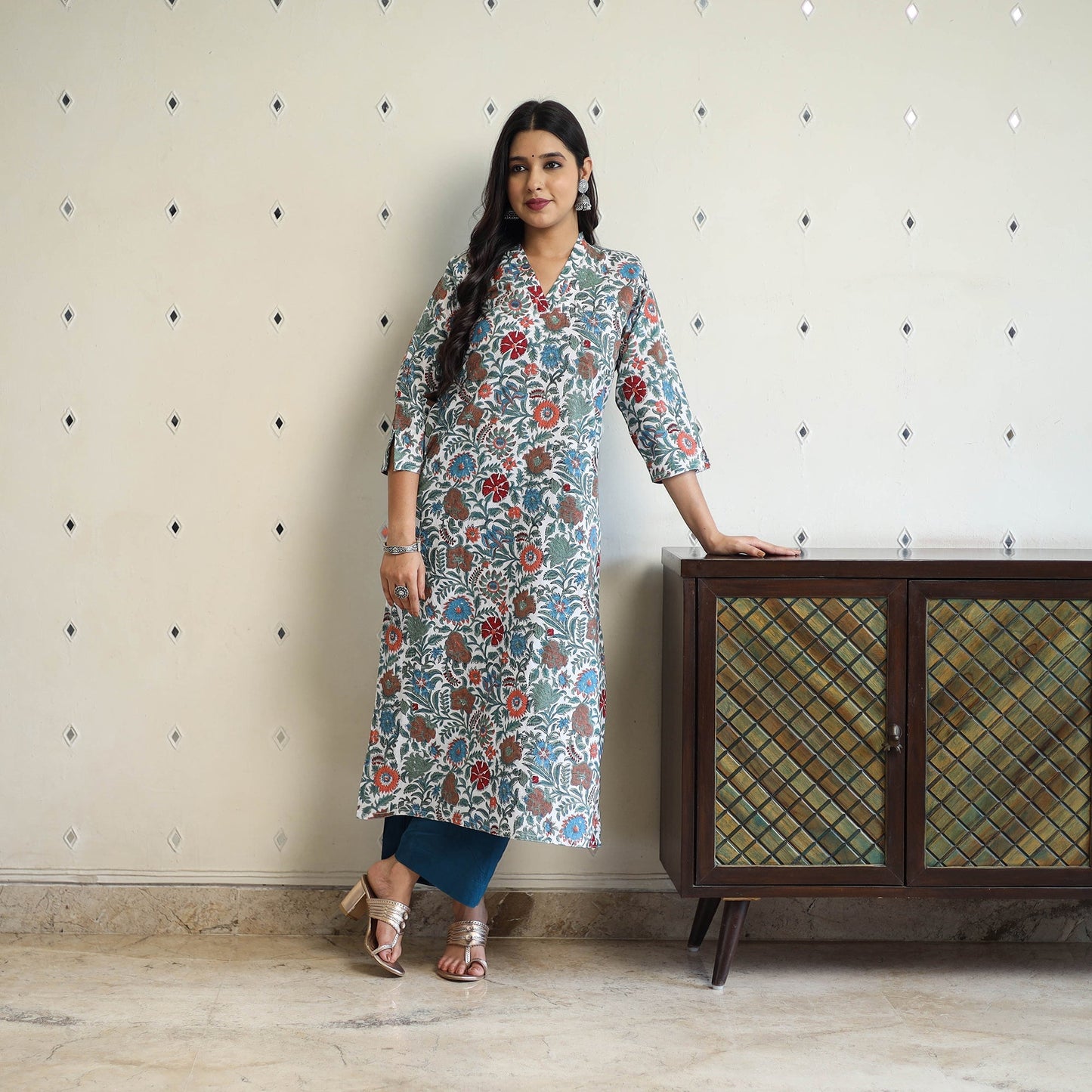 Multicolor Straight Cotton Block Print Sanganeri Kurta