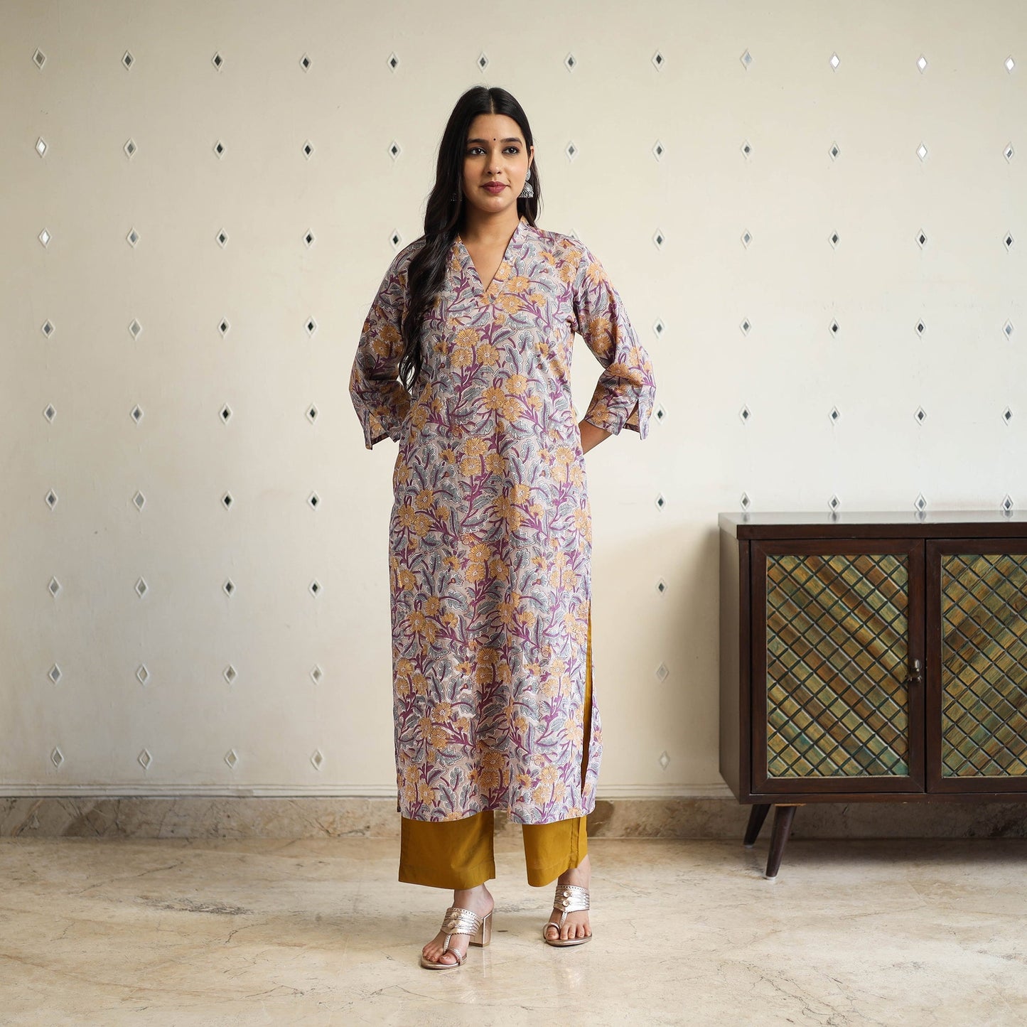 Multicolor Straight Cotton Block Print Sanganeri Kurta