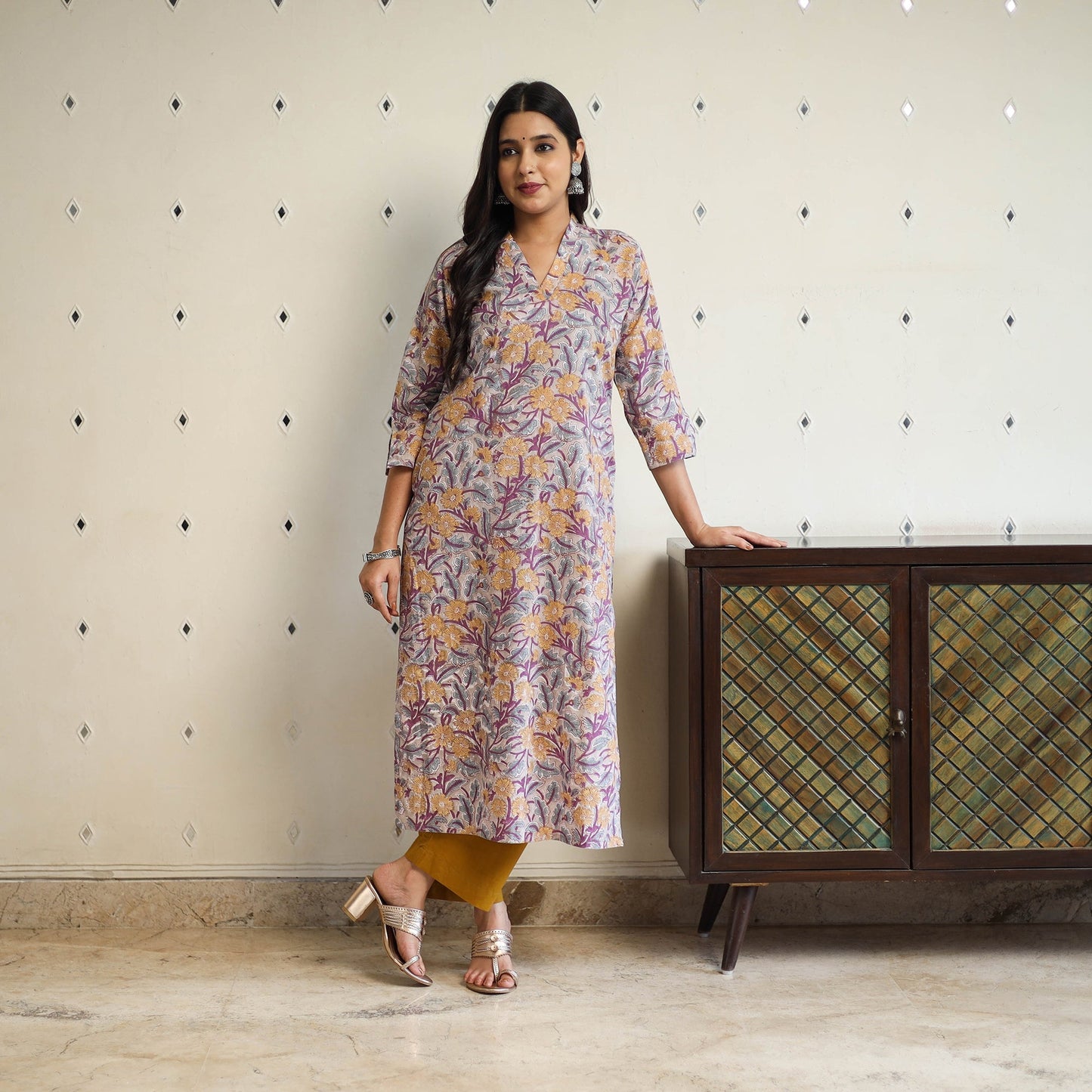 Multicolor Straight Cotton Block Print Sanganeri Kurta