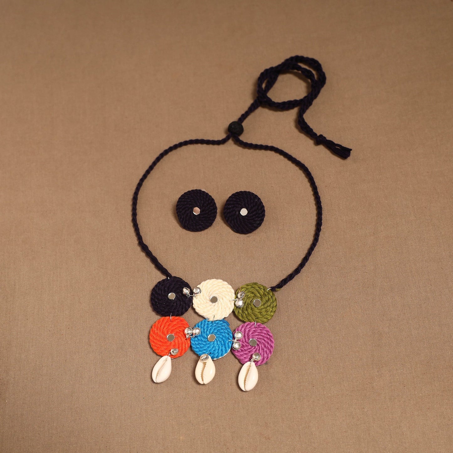 Thread ghungroo & mirror work necklace set 02 - handcrafted