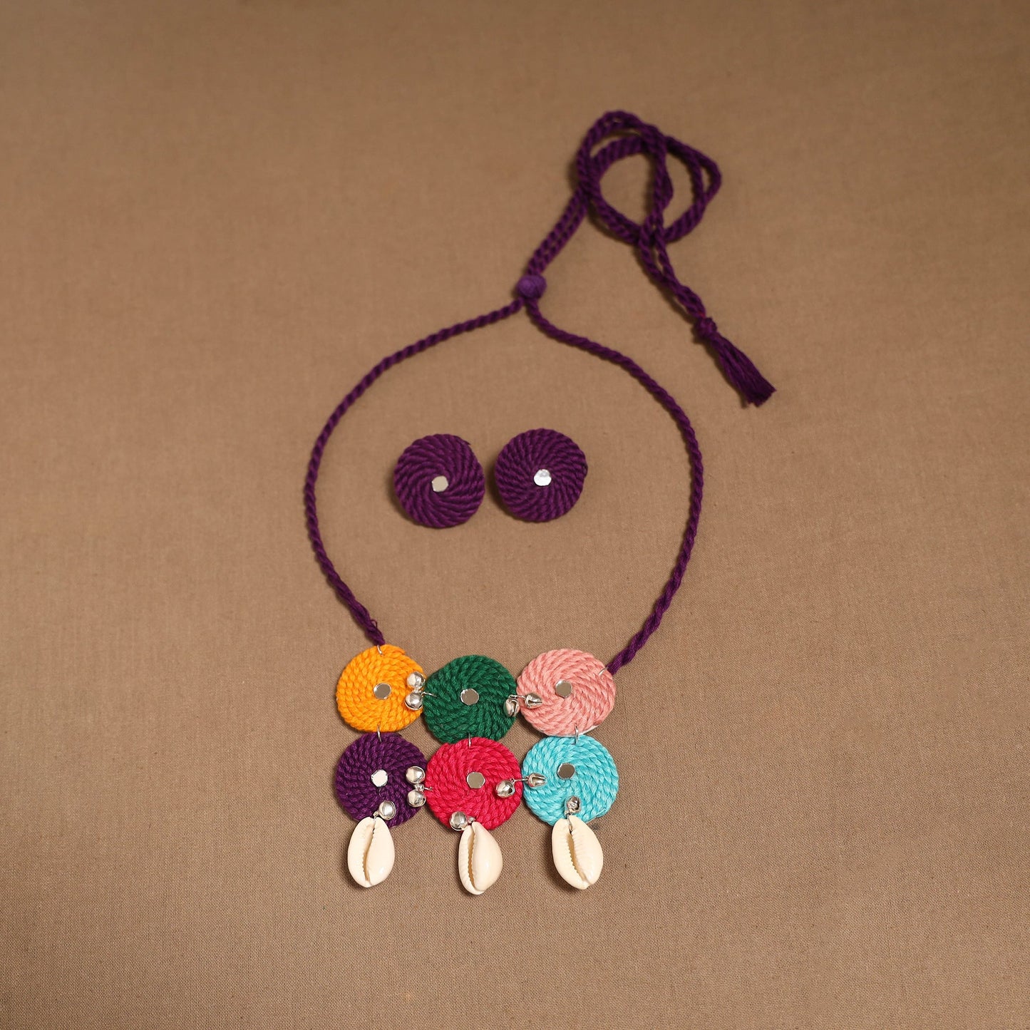 Thread ghungroo & mirror work necklace set 03 - handcrafted