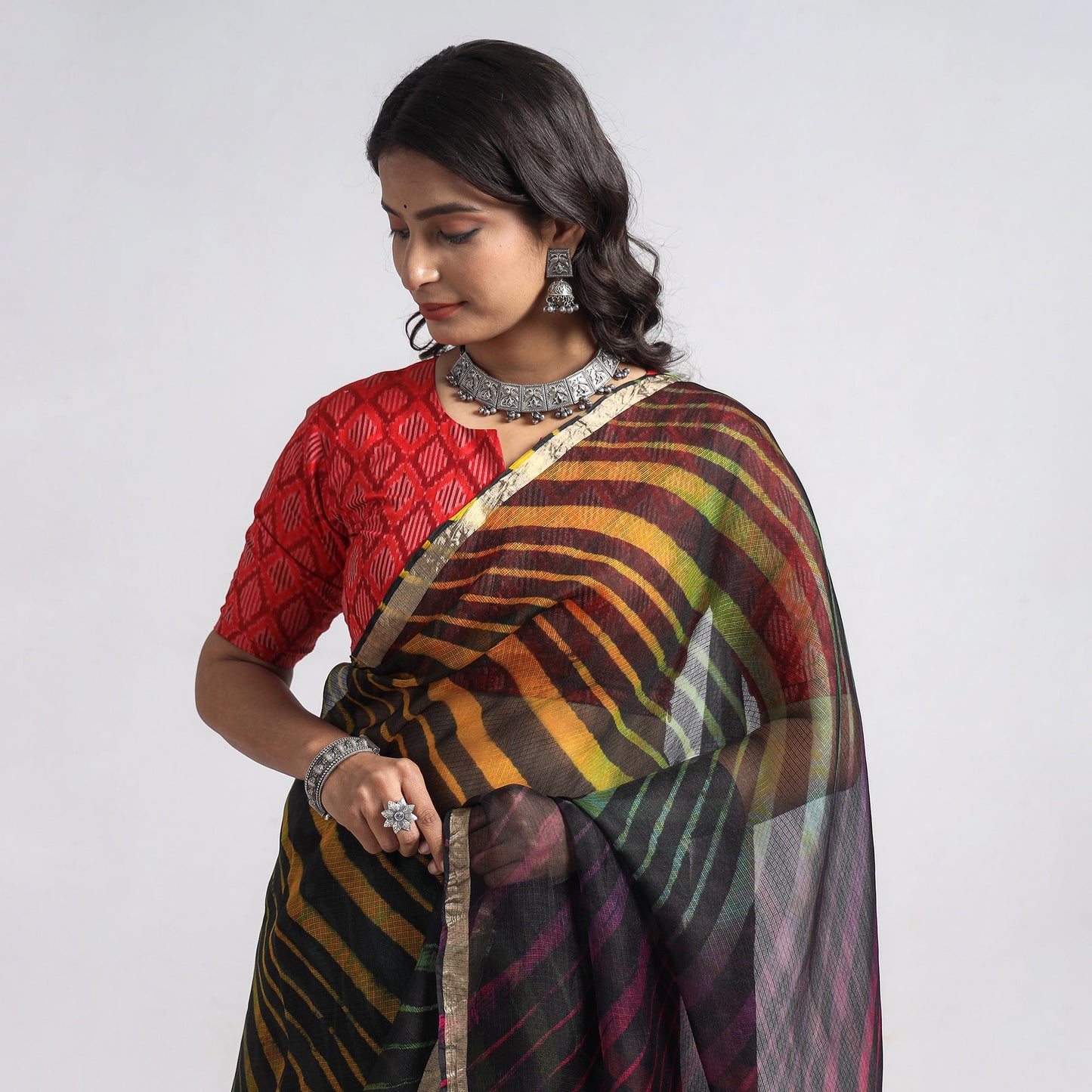 Leheriya Tie-Dye Kota Doria Silk Saree