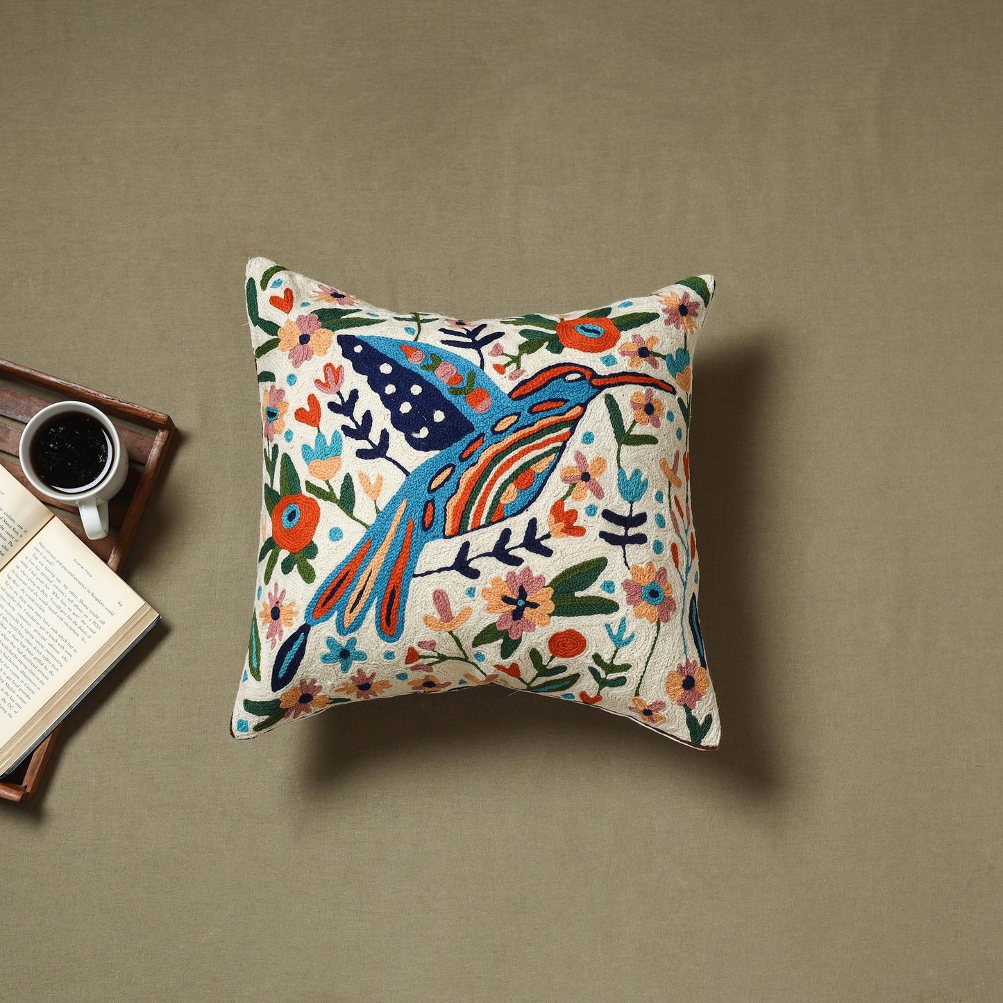 Multicolor - wool thread crewel hand embroidery cushion