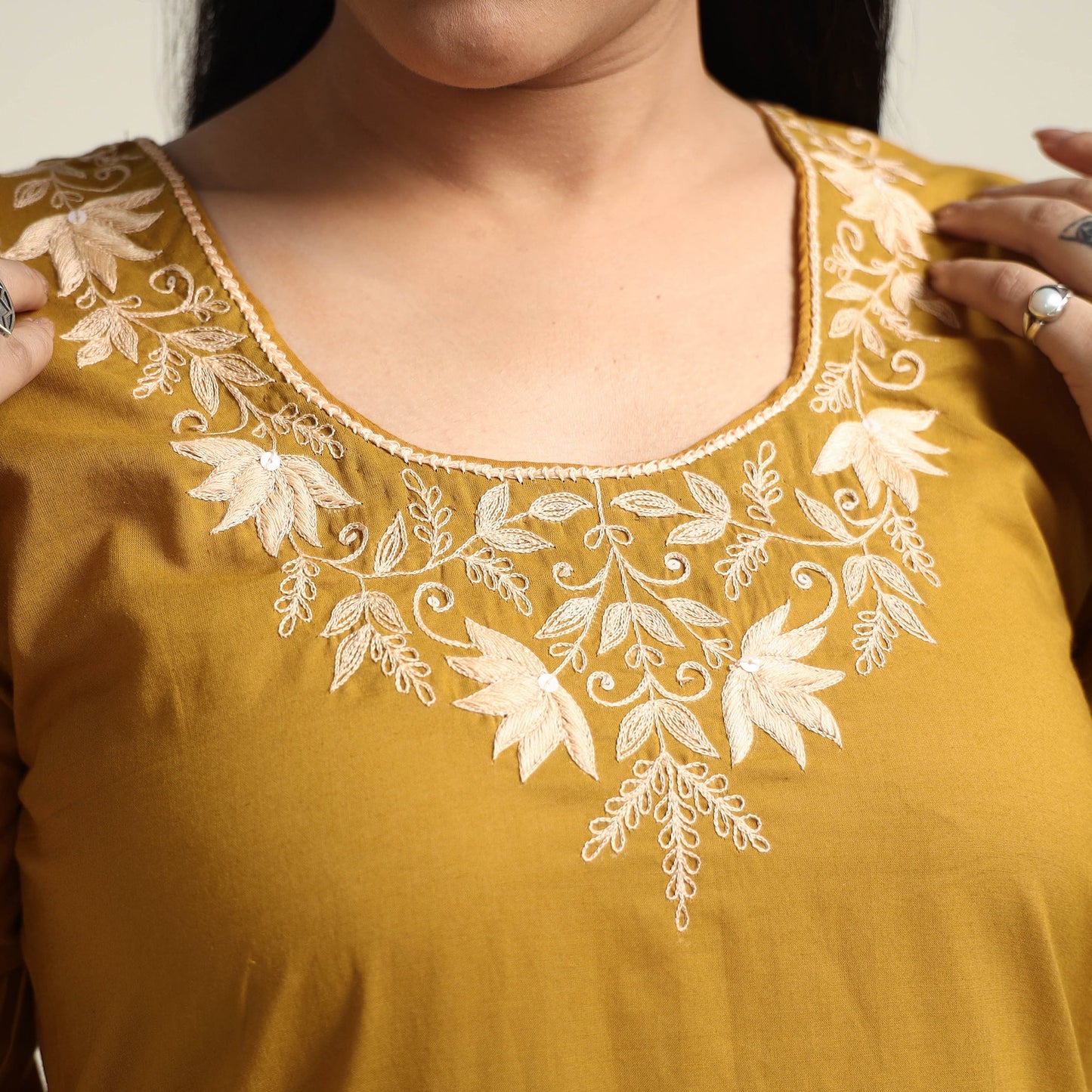 Plain Dyed Hand Embroidery Cotton Long Kurta