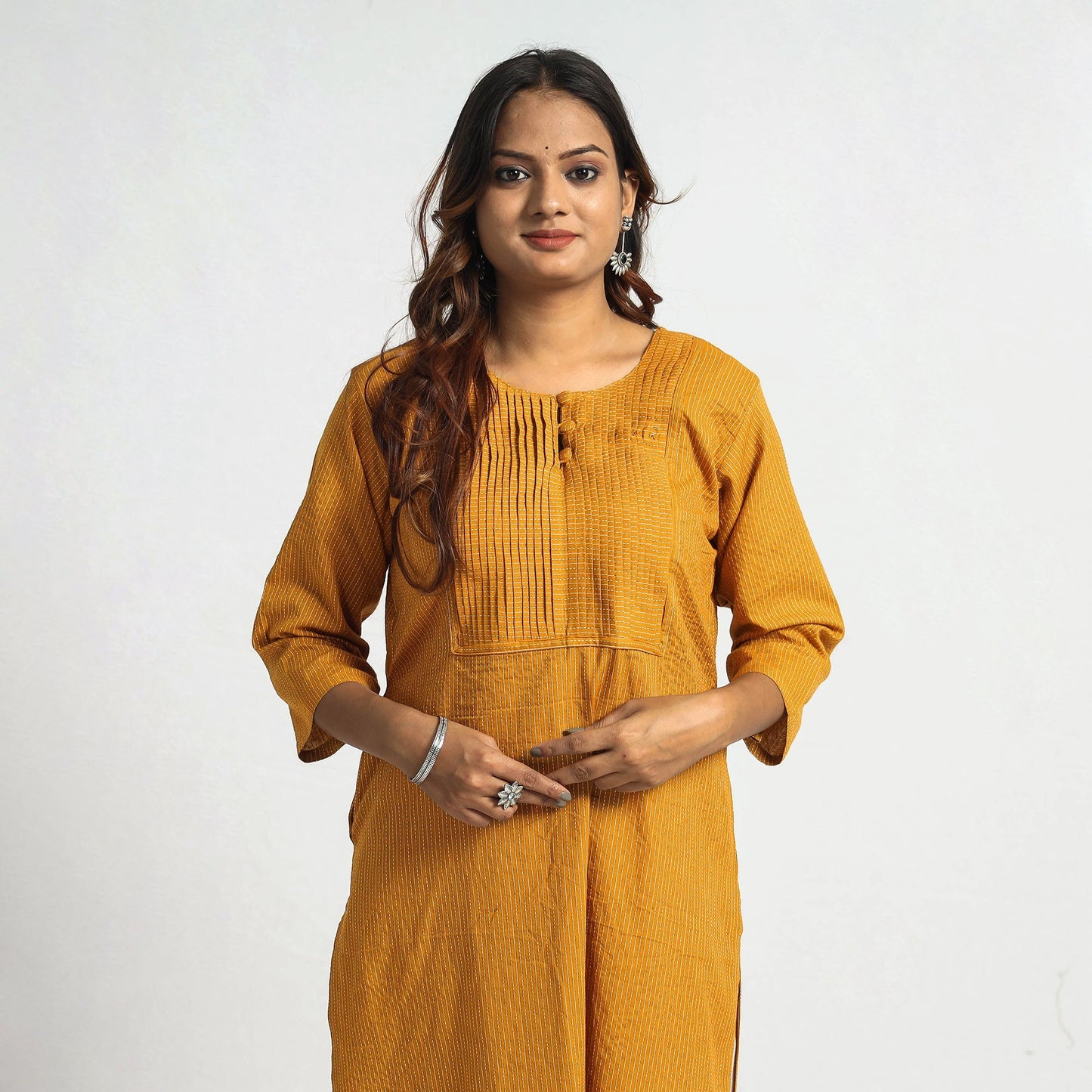 Mustard yellow - plain running stitch cotton pintuck long