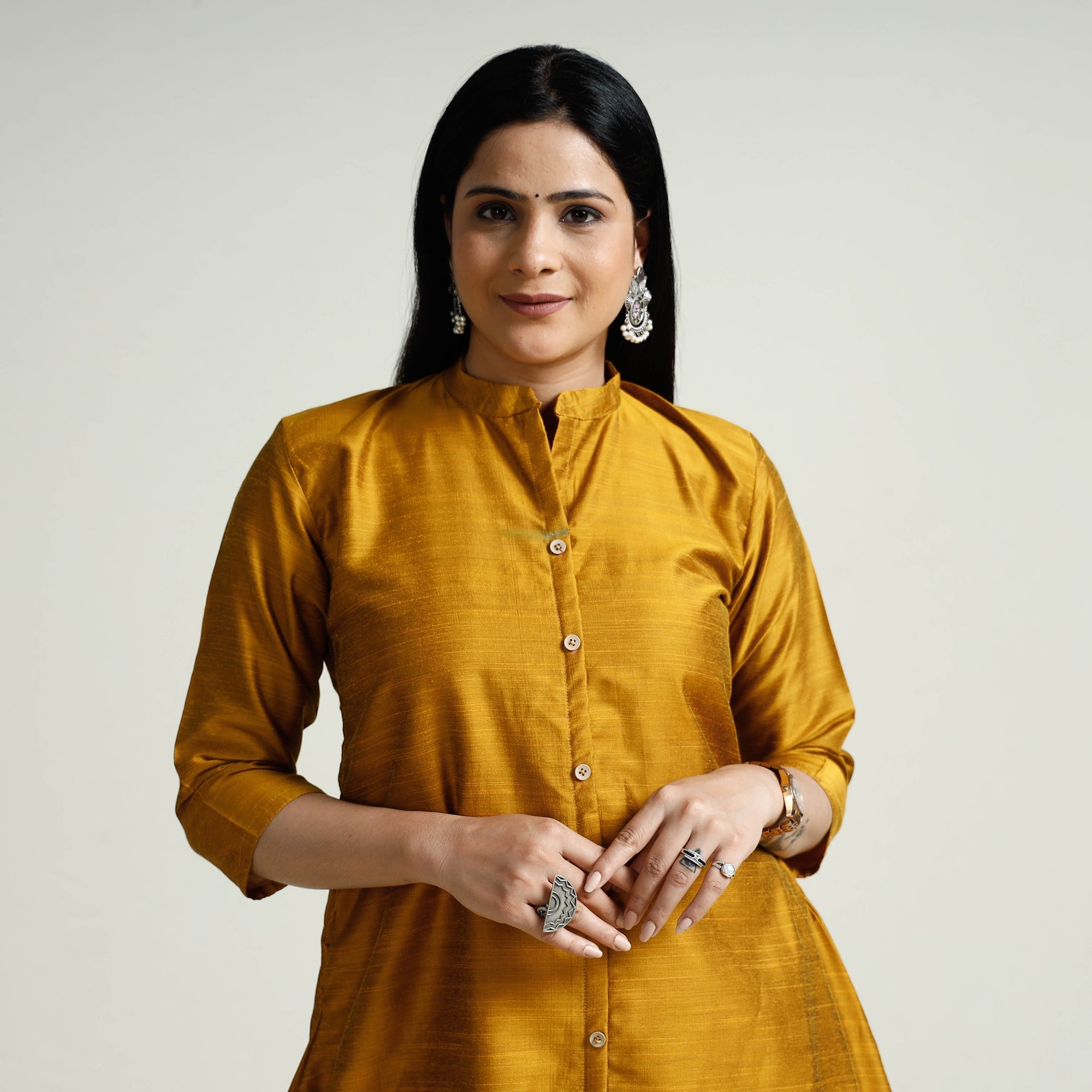 Mustard Yellow - Plain Solid Slub Silk A-Line Kurta with Beadwork Hand Embroidery Lace