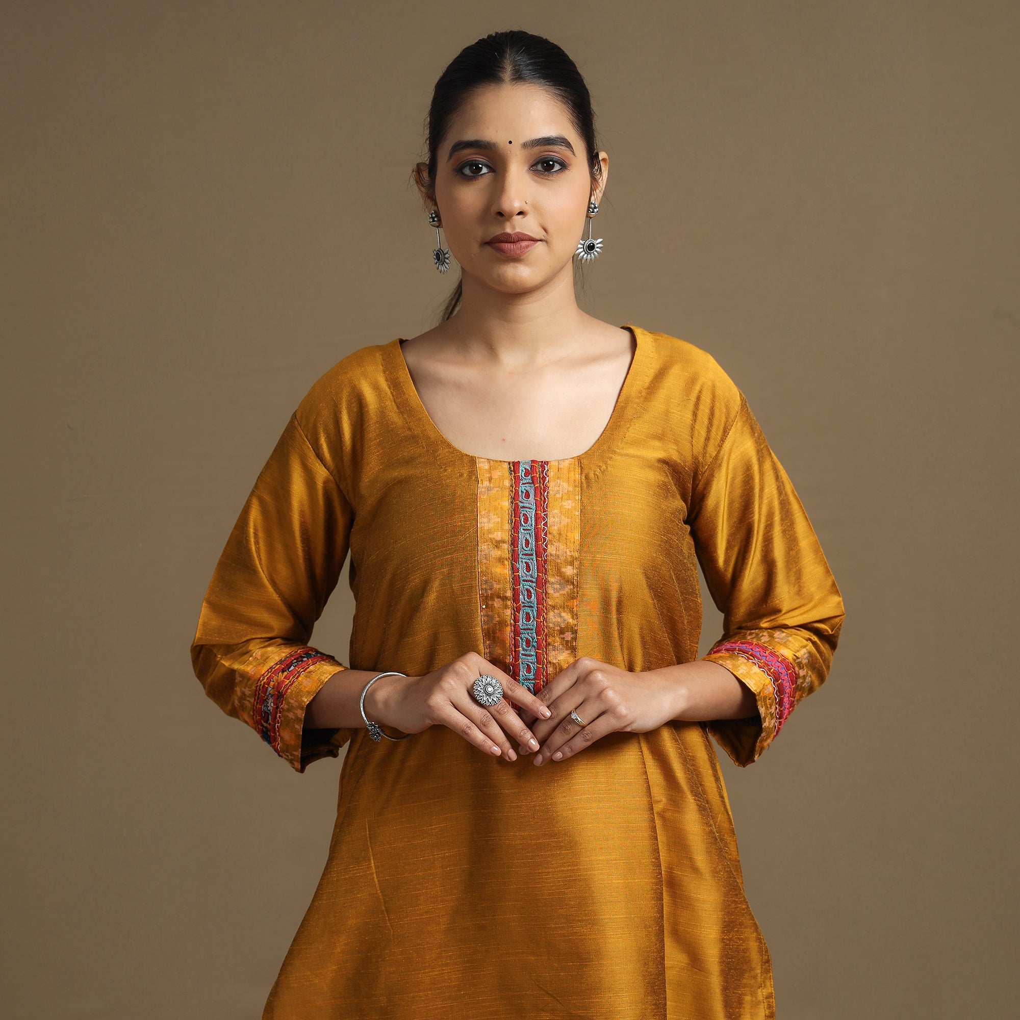 Mustard Yellow - Plain Slub Silk Straight Long Kurta with Ikat Patchwork