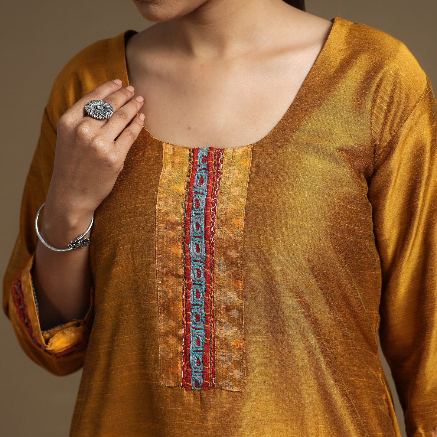 Plain Slub Silk Kurta with Ikat Patchwork