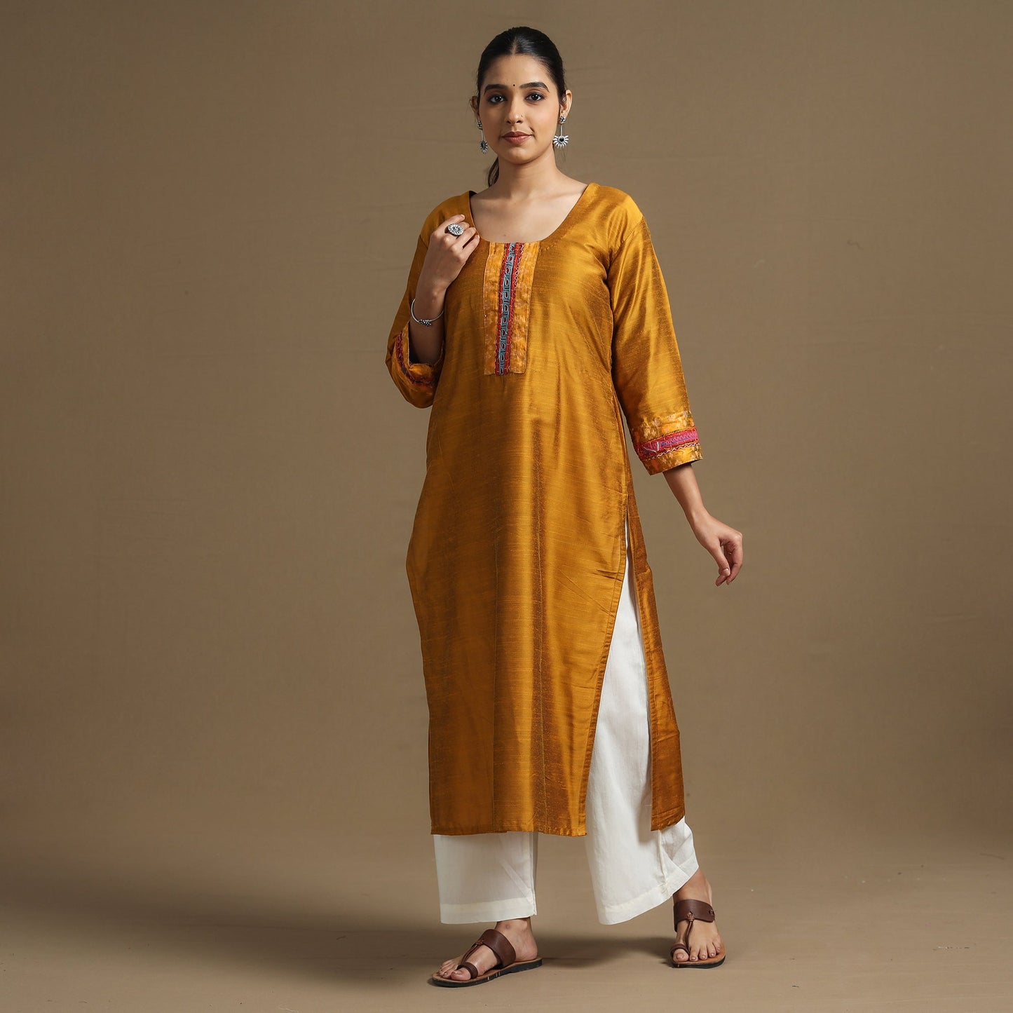 Plain Slub Silk Kurta with Ikat Patchwork
