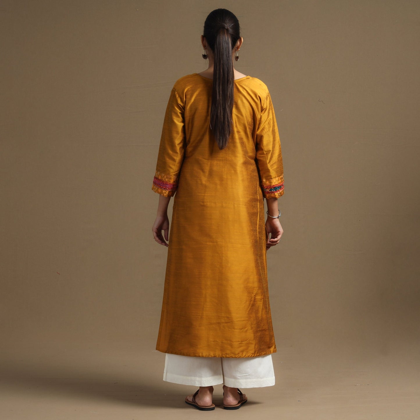 Plain Slub Silk Kurta with Ikat Patchwork