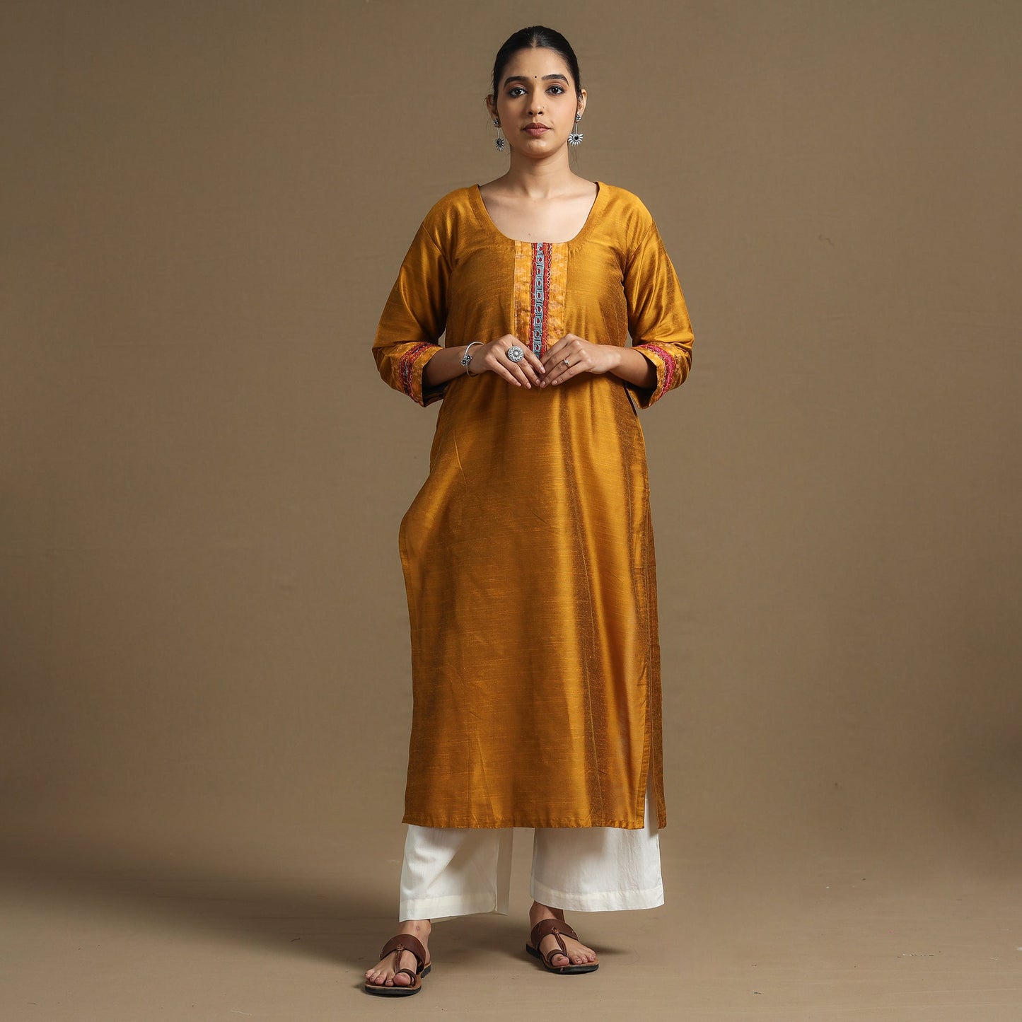 Plain Slub Silk Kurta with Ikat Patchwork