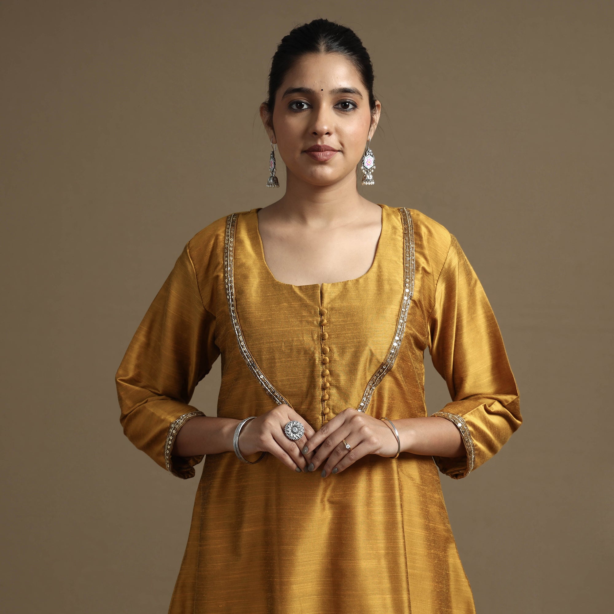 Mustard Yellow - Plain Solid Slub Silk A-Line Long Kurta with Beadwork Hand Embroidery Lace