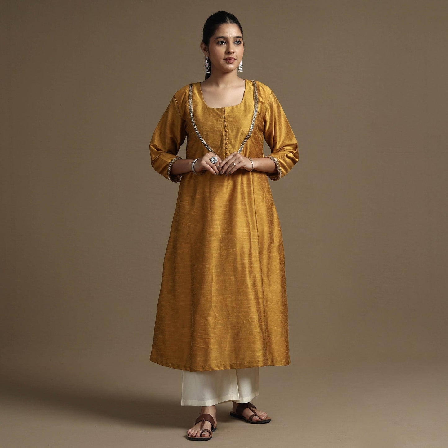 Plain Solid Slub Silk Kurta with Beadwork Hand Embroidery Lace