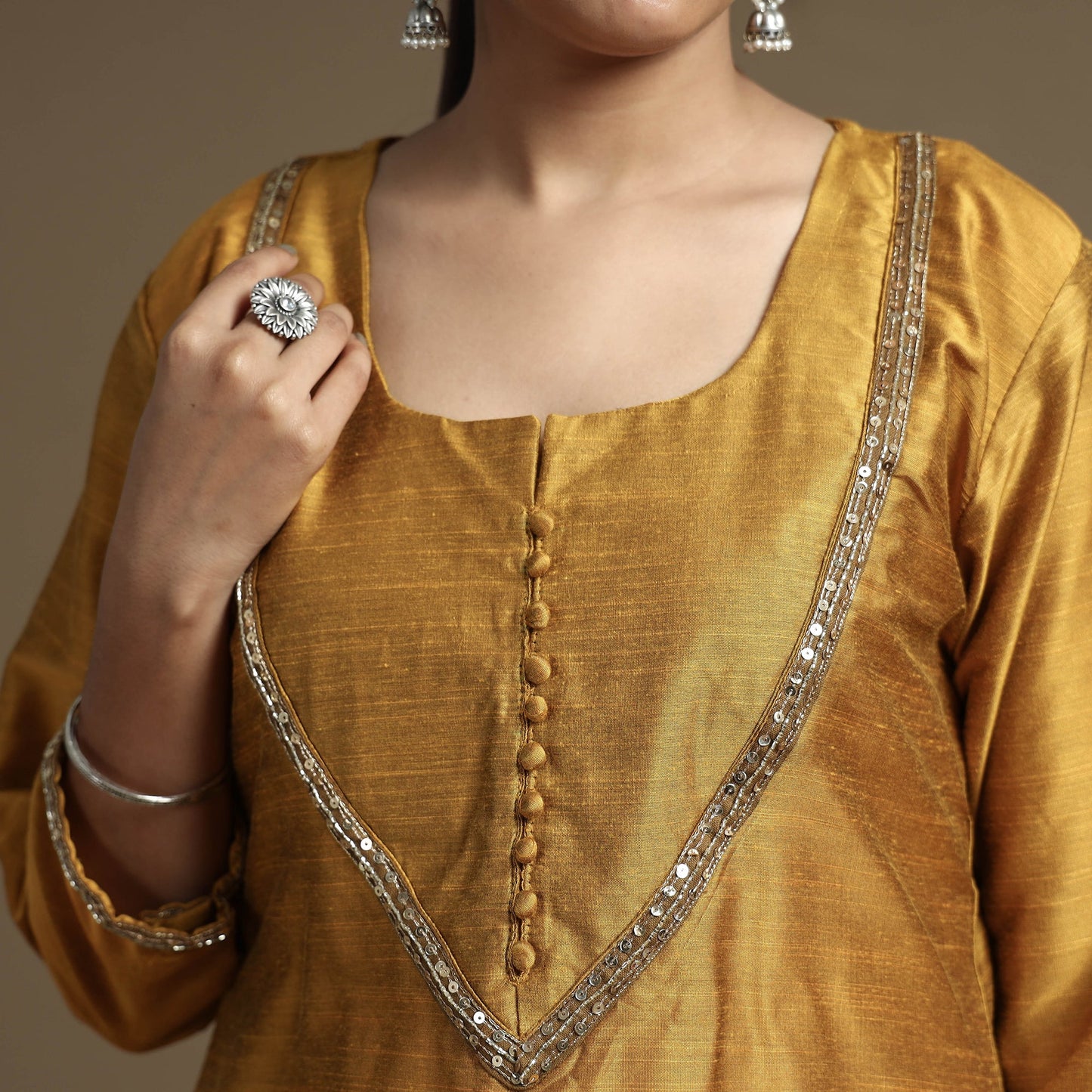 Plain Solid Slub Silk Kurta with Beadwork Hand Embroidery Lace