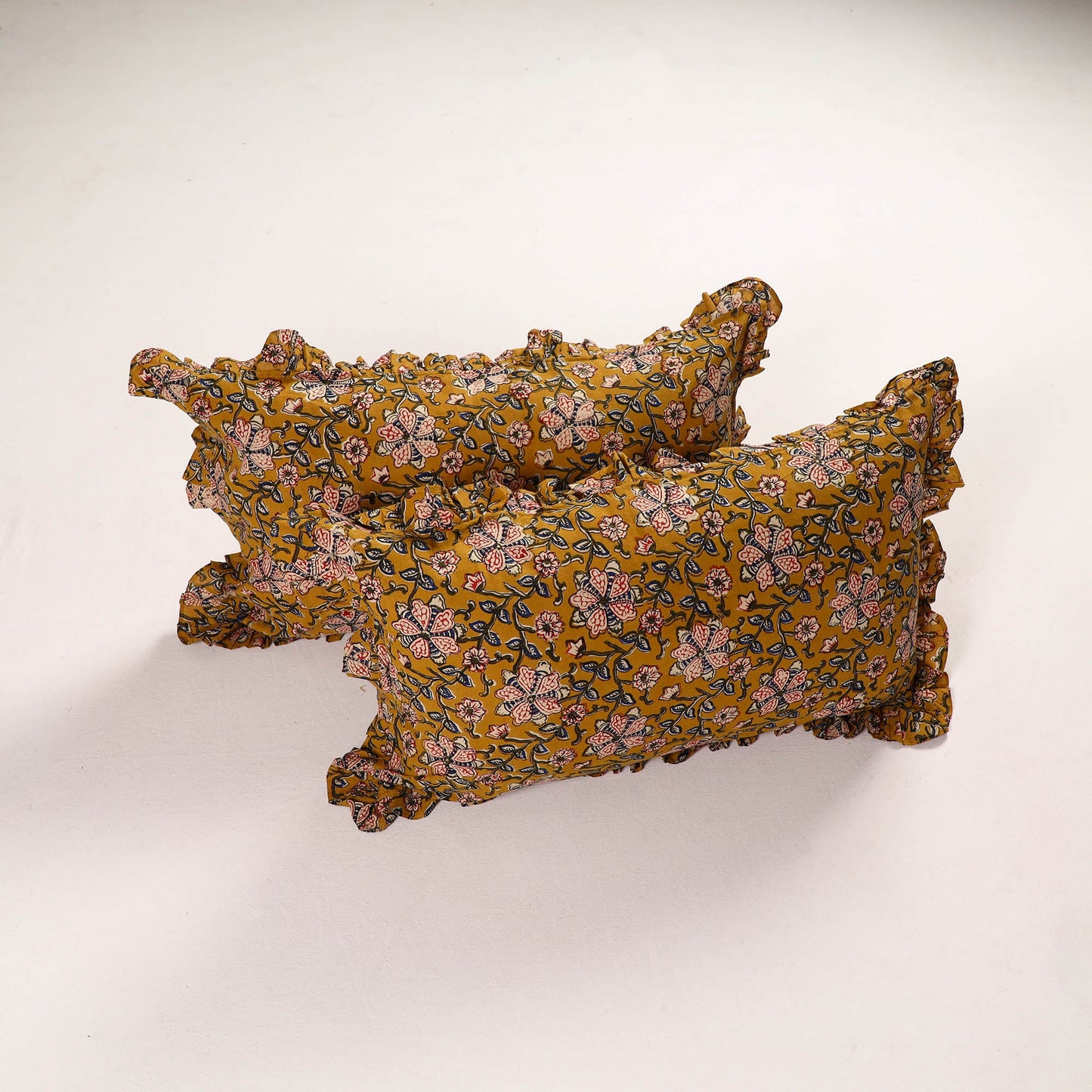 Mustard yellow - set of 2 bagru cotton frill pillow covers