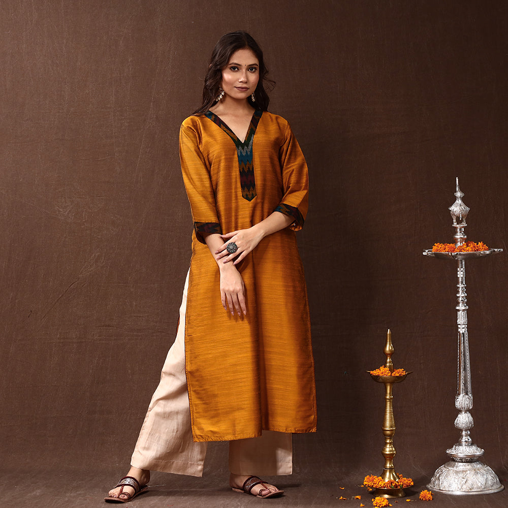 Mustard Yellow Silk Plain Long Kurta for Women