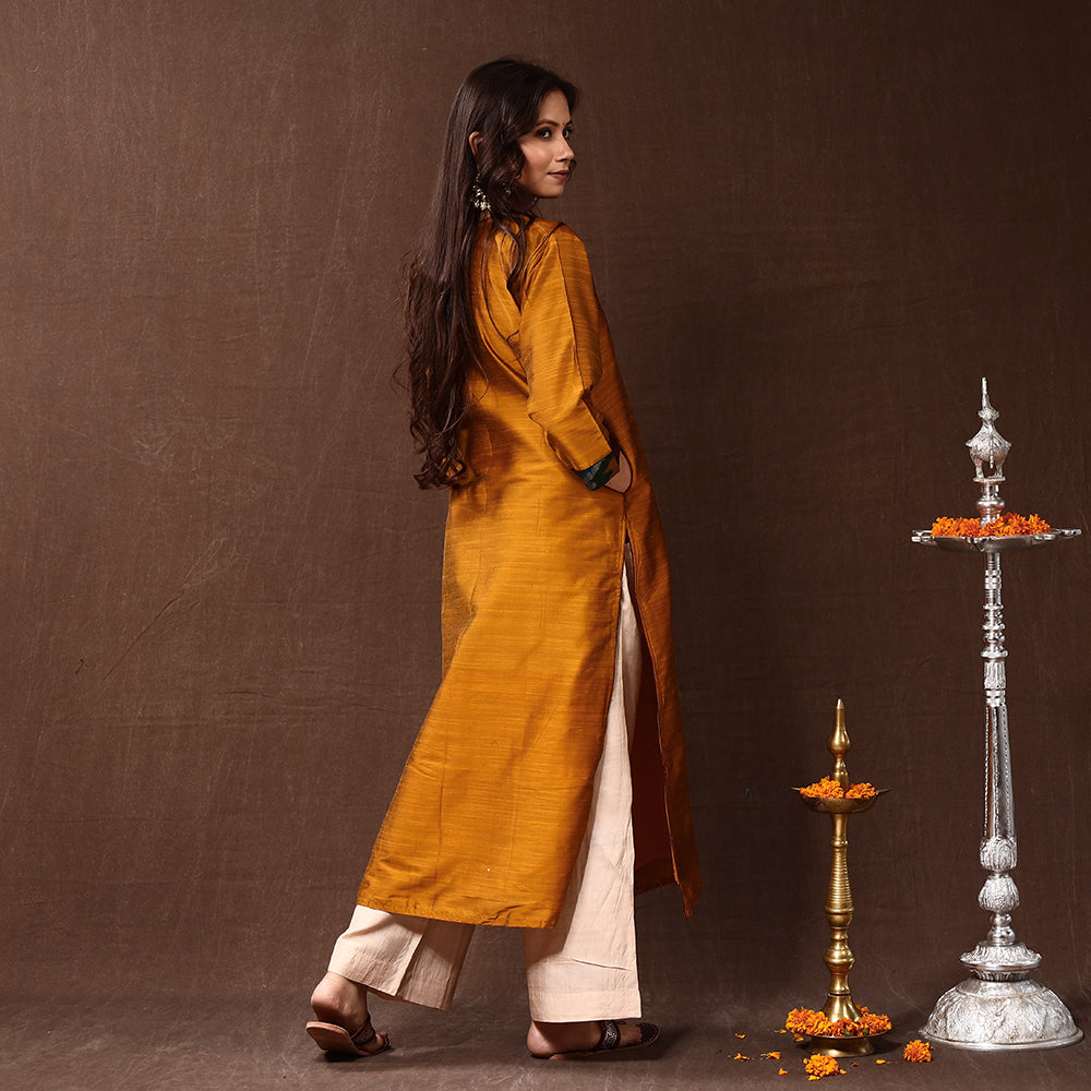 Mustard Yellow Silk Plain Long Kurta for Women