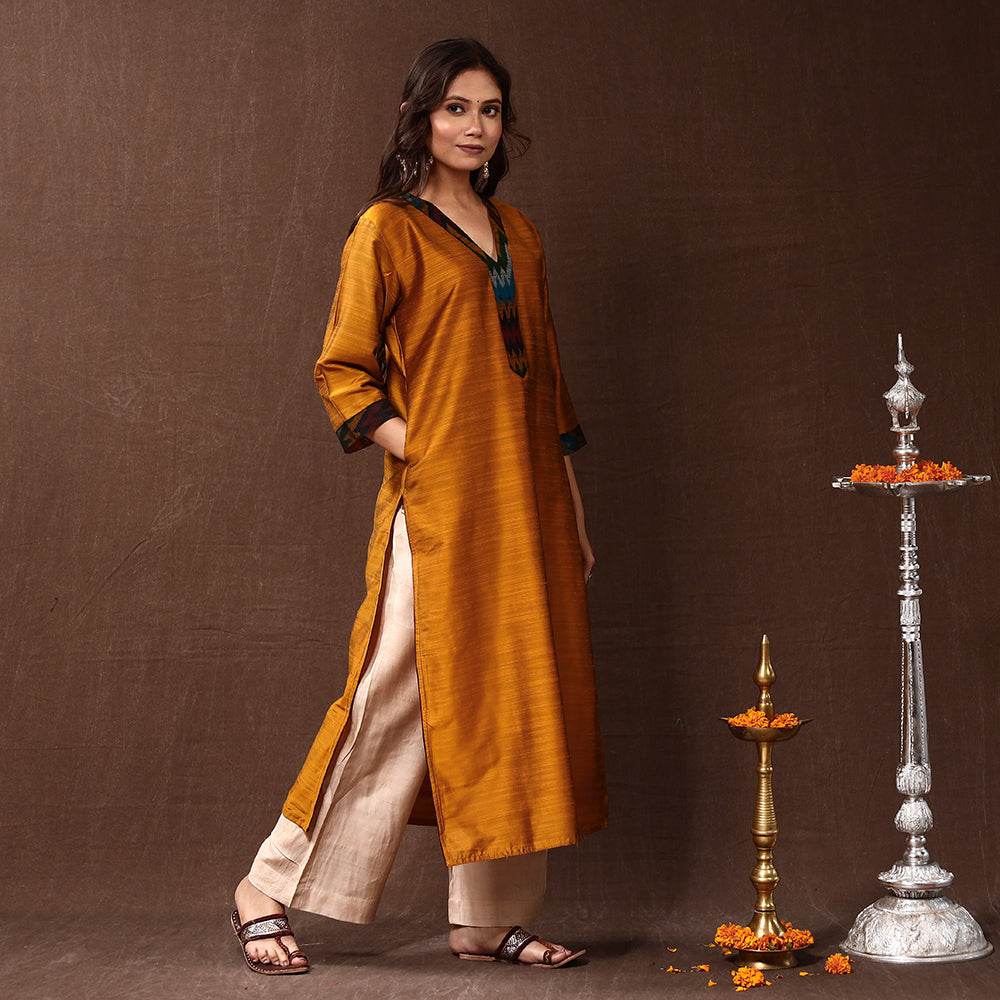 Mustard Yellow Silk Plain Long Kurta for Women