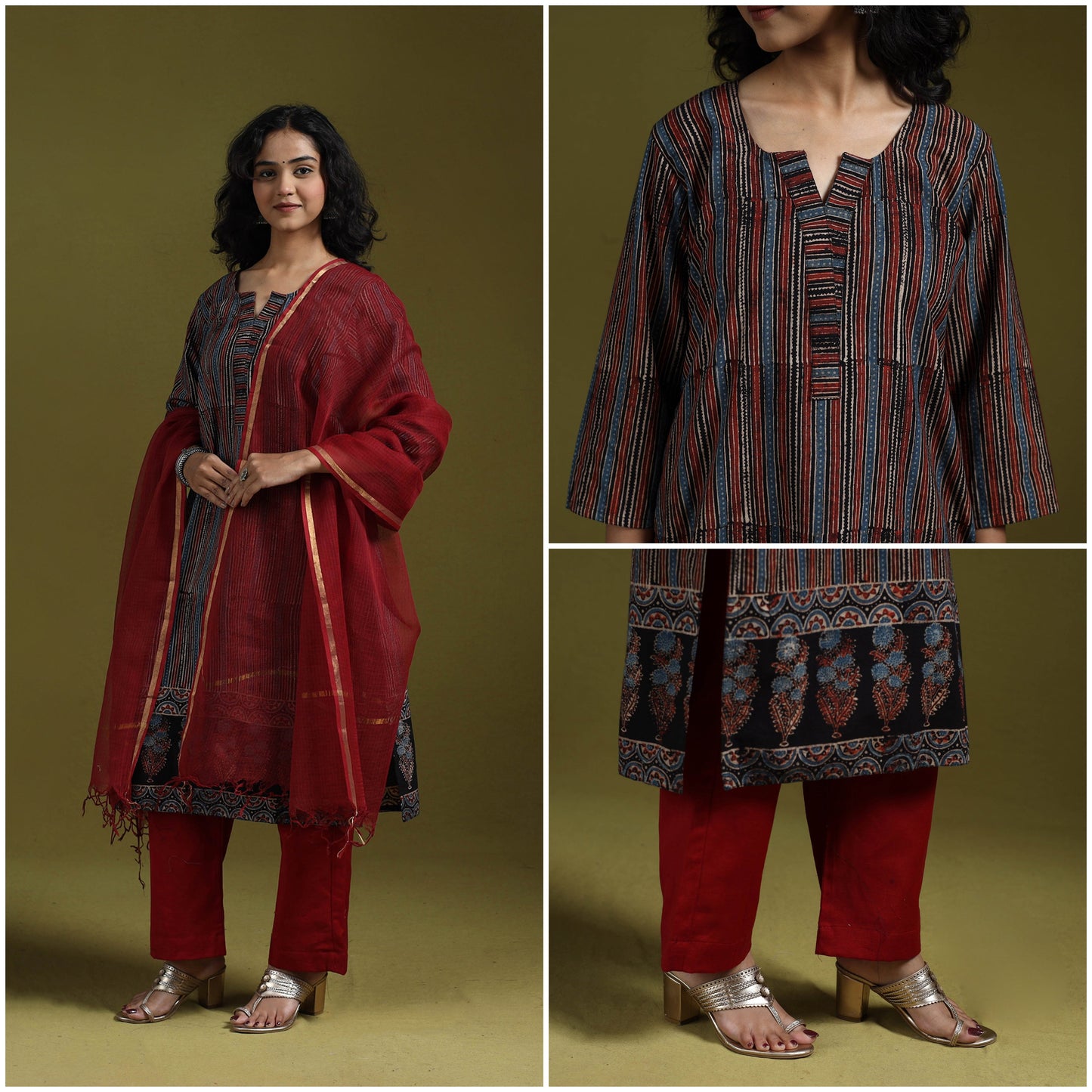 Natural dyed ajrakh hand block print cotton suit set