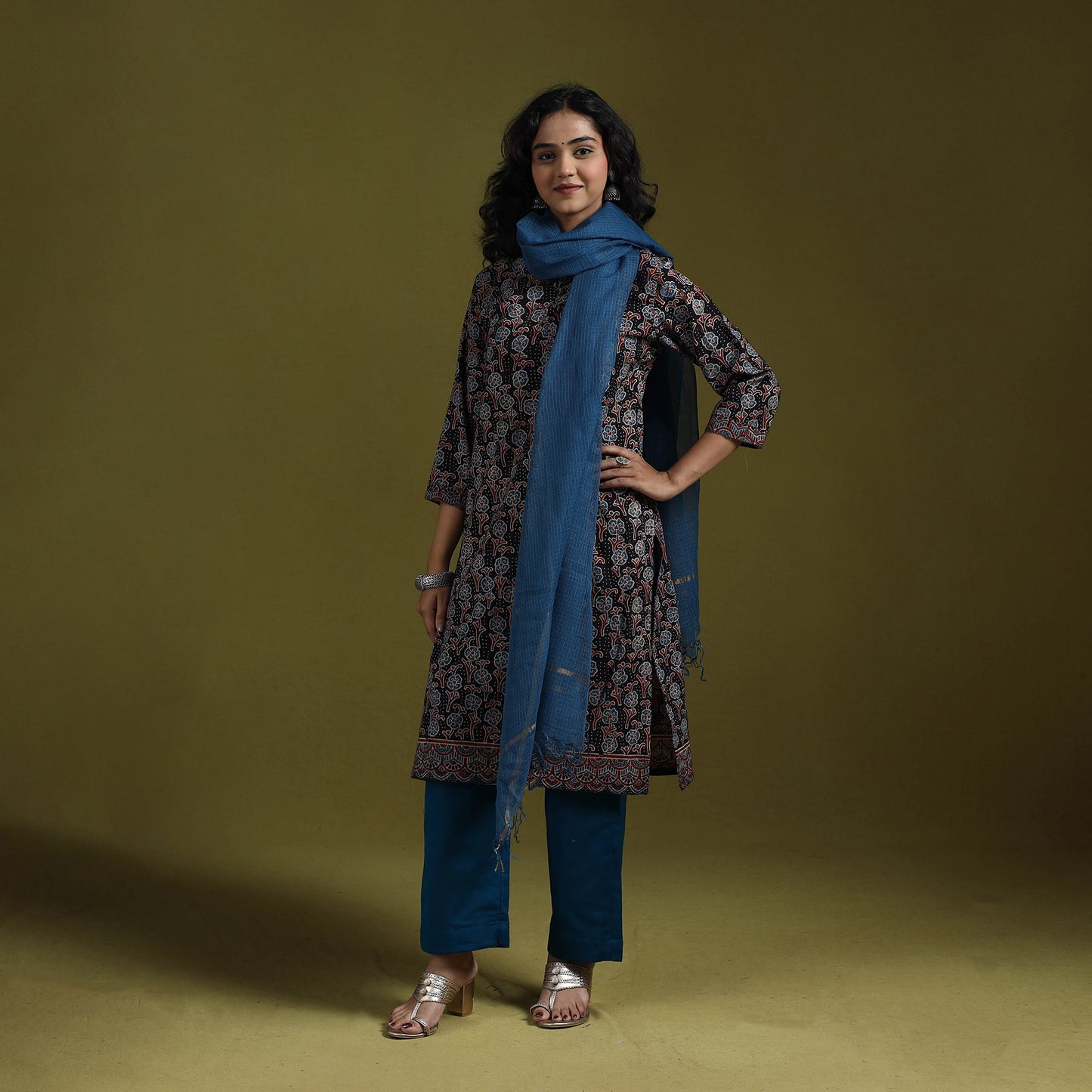 Natural dyed ajrakh hand block print cotton suit set