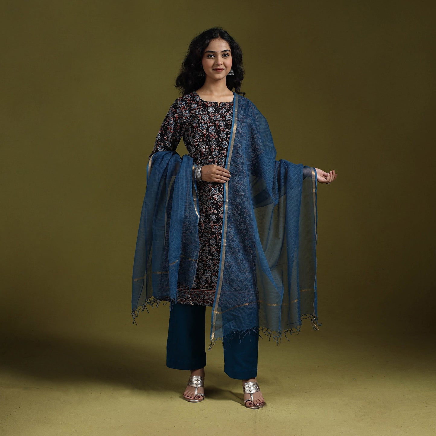 Natural dyed ajrakh hand block print cotton suit set