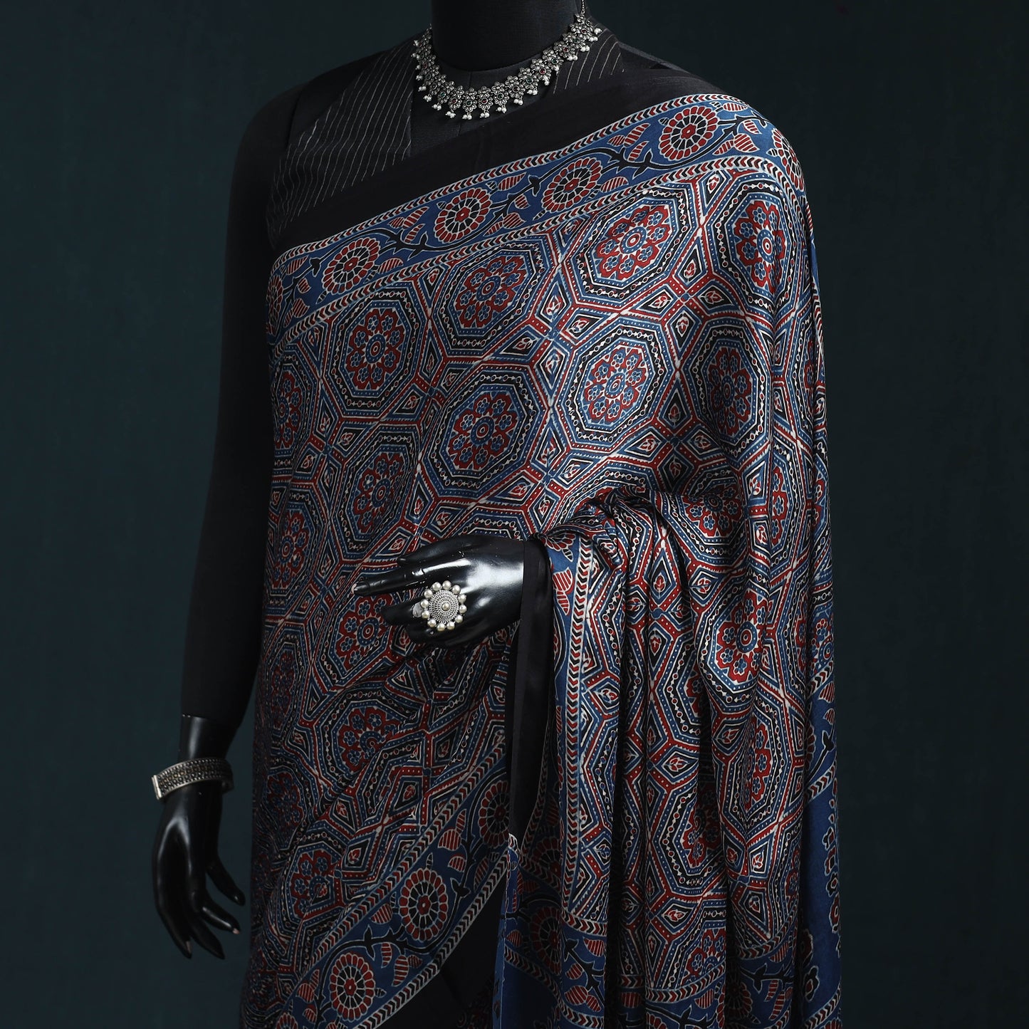 Natural dyed modal silk kutch hand block print ajrakh saree