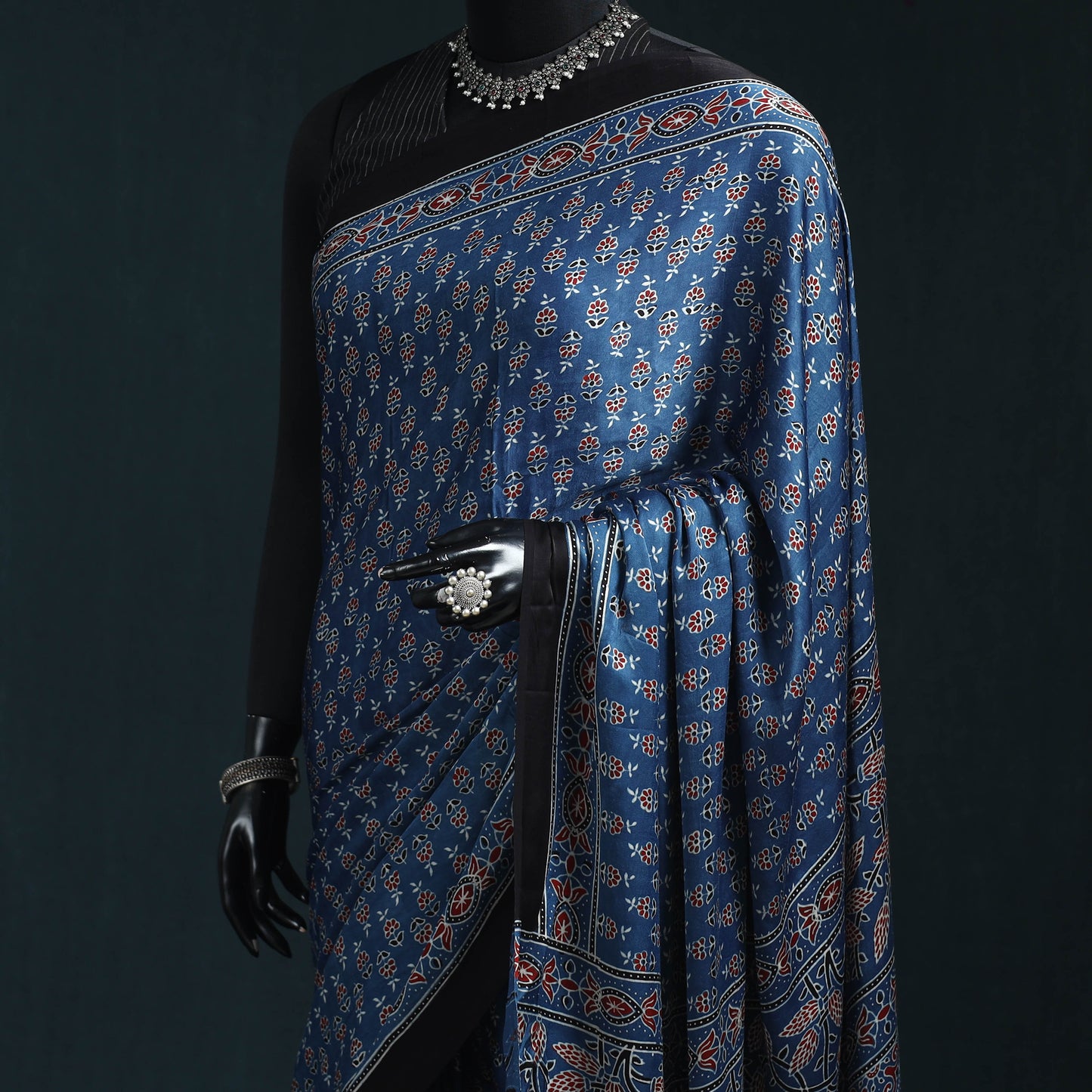 Natural dyed modal silk kutch hand block print ajrakh saree