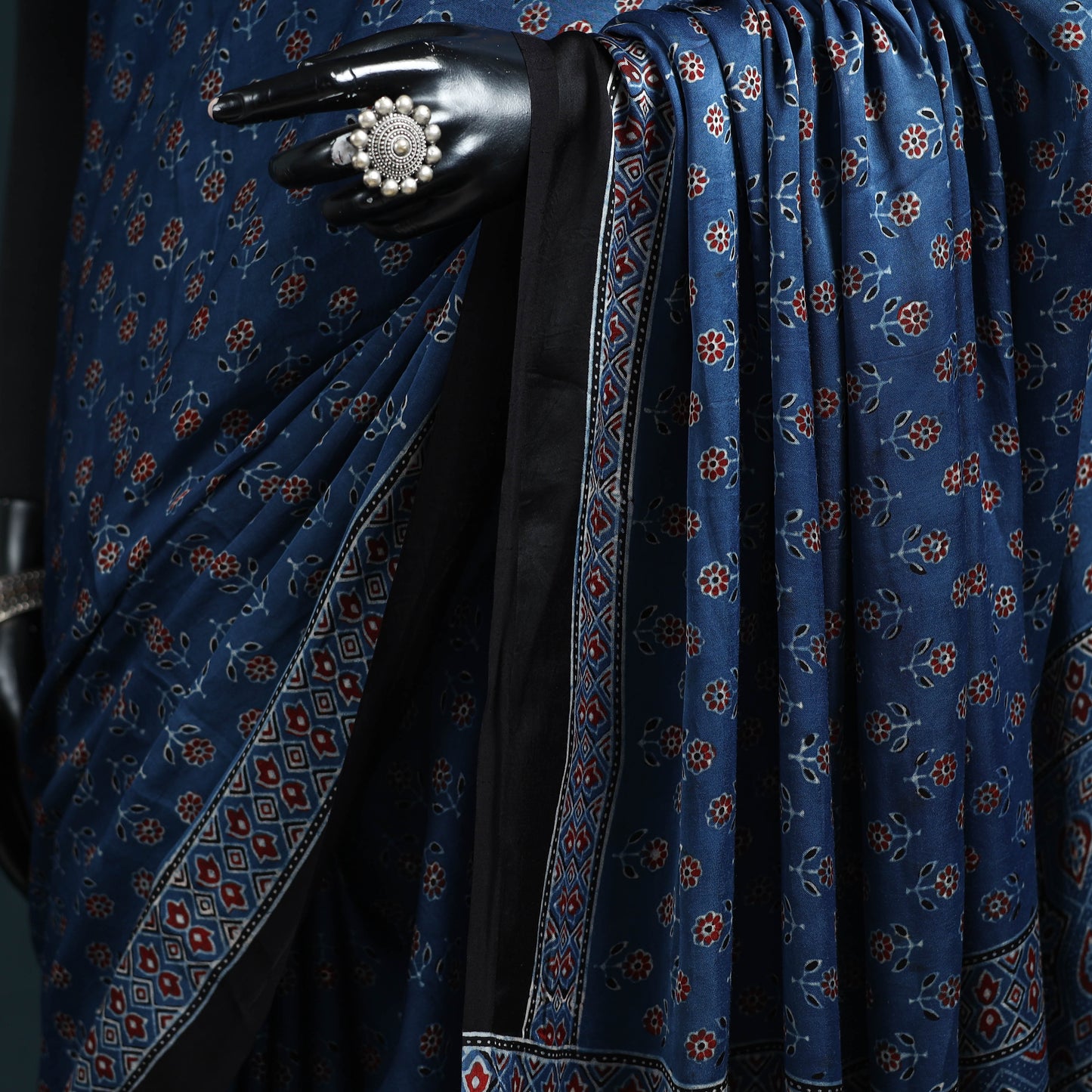 Natural dyed modal silk kutch hand block print ajrakh saree