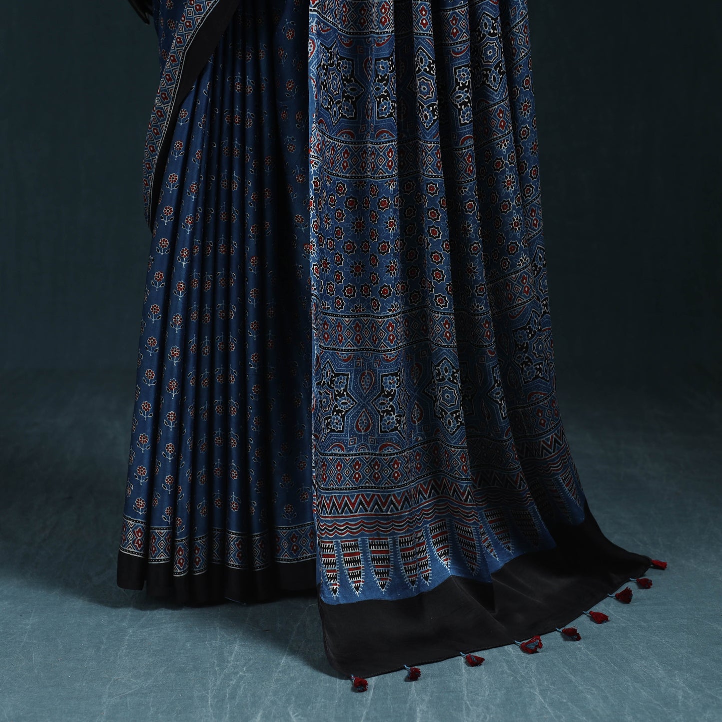 Natural dyed modal silk kutch hand block print ajrakh saree