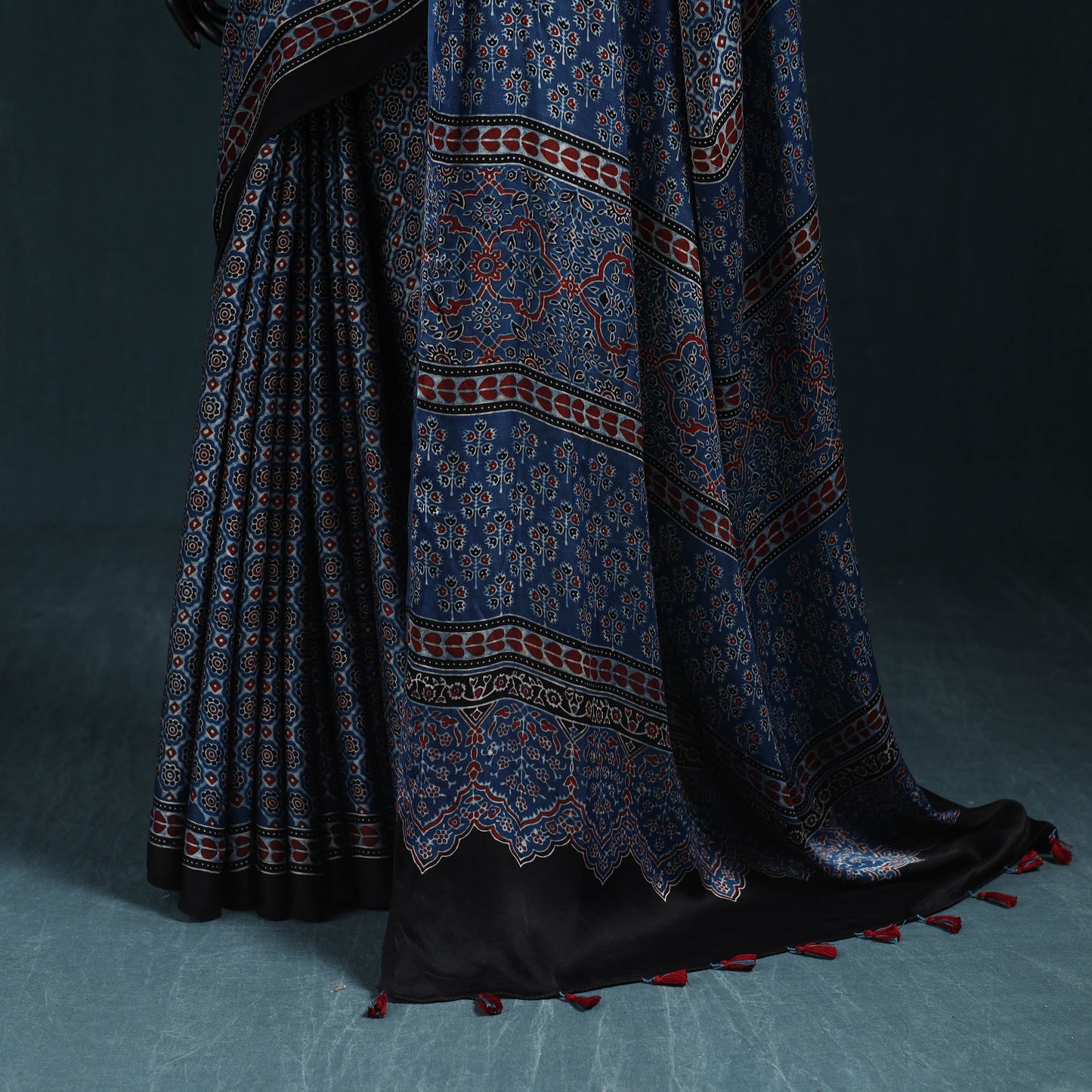 Natural dyed modal silk kutch hand block print ajrakh saree