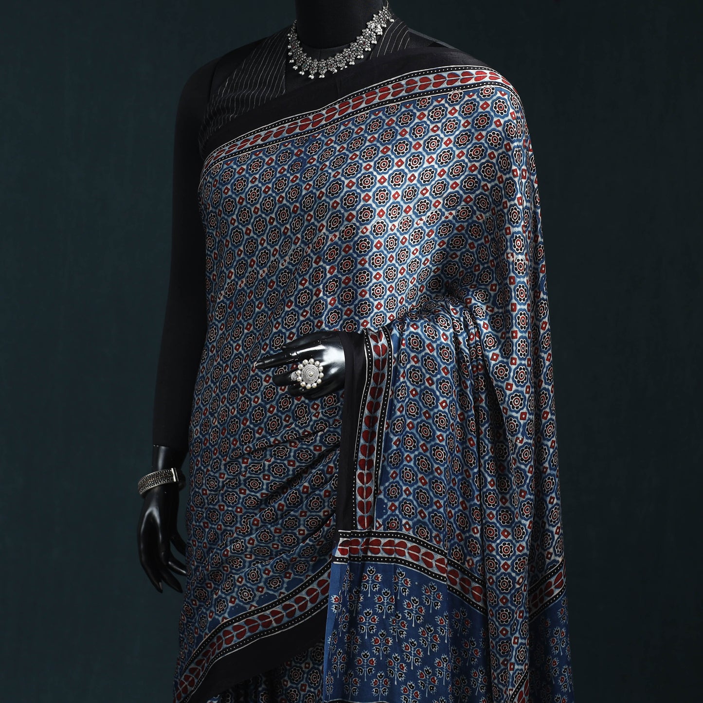 Natural dyed modal silk kutch hand block print ajrakh saree
