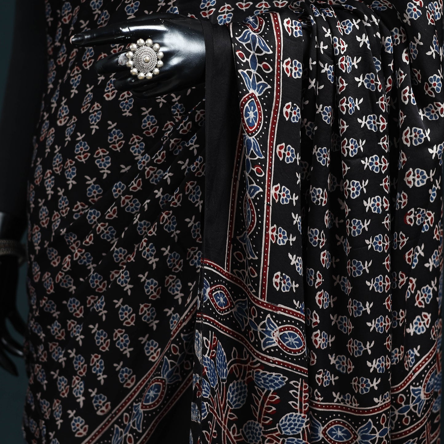 Natural dyed modal silk kutch hand block print ajrakh saree