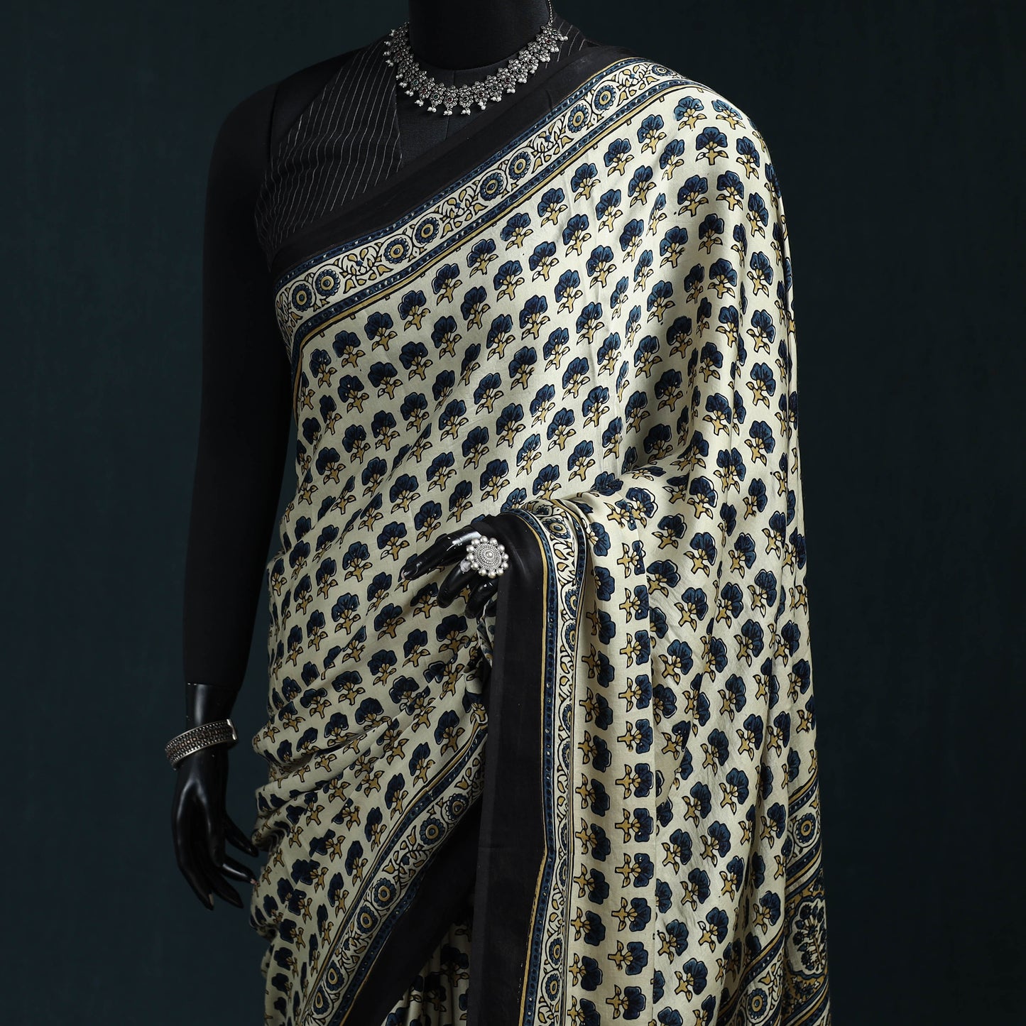 Natural dyed modal silk kutch hand block print ajrakh saree